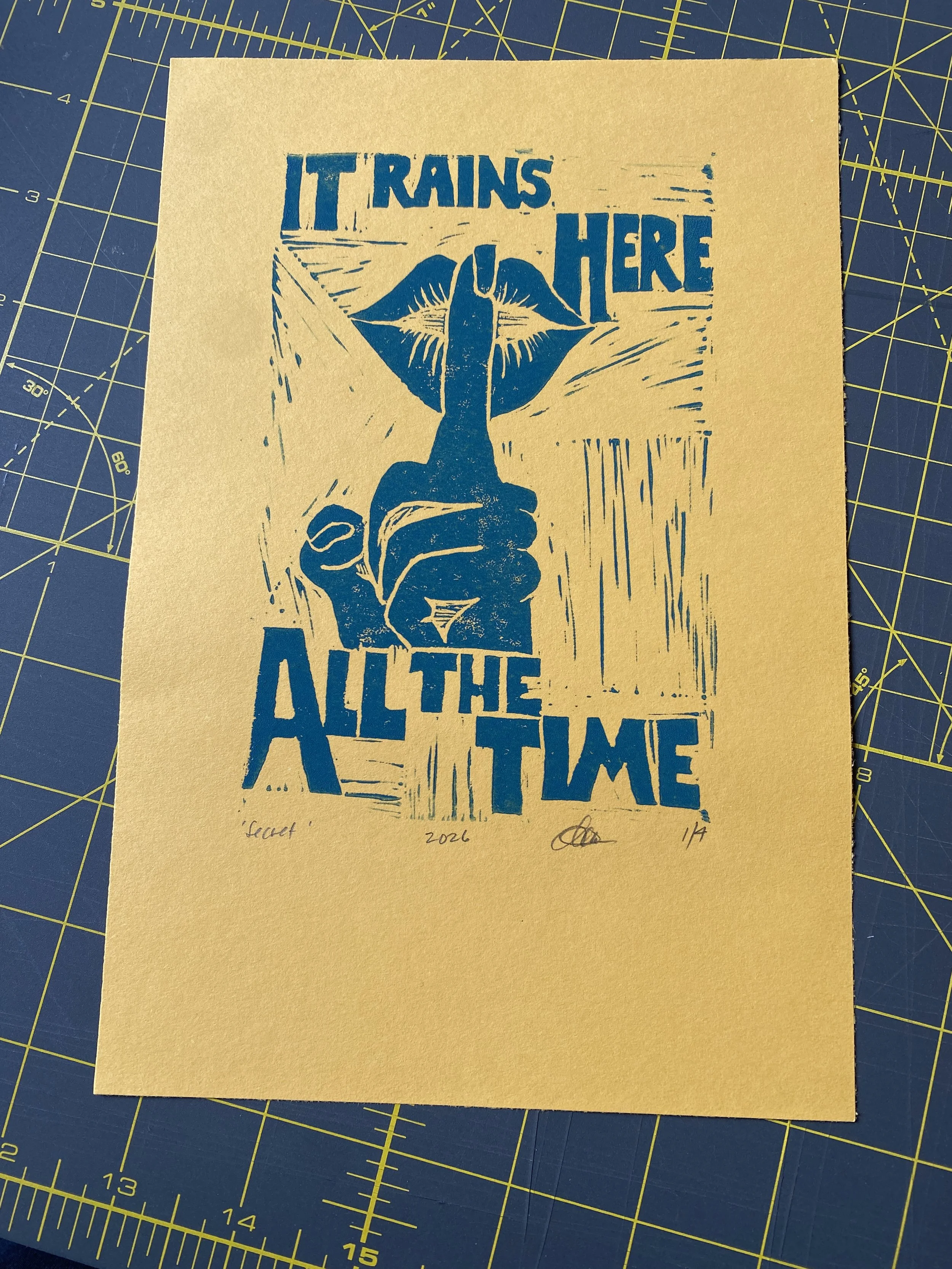 it rains here all of the time pnw pacific northwest art secret tourists it's sunny all of the time block print plum yellow blue lips shhhhhhhhh shush can you keep a secret don't say anything