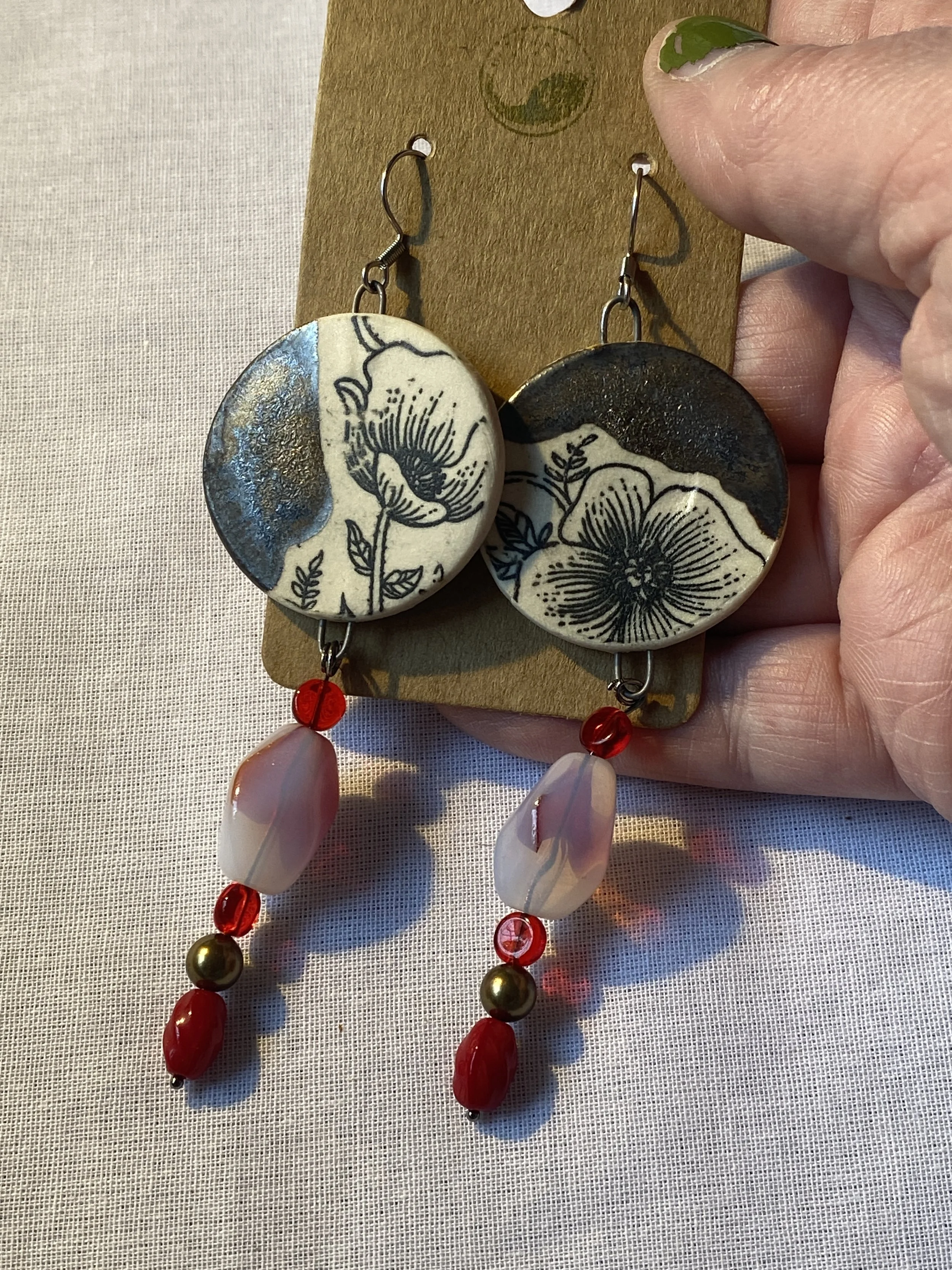 flower ceramic earrings dangly earrings fun earrings red gold