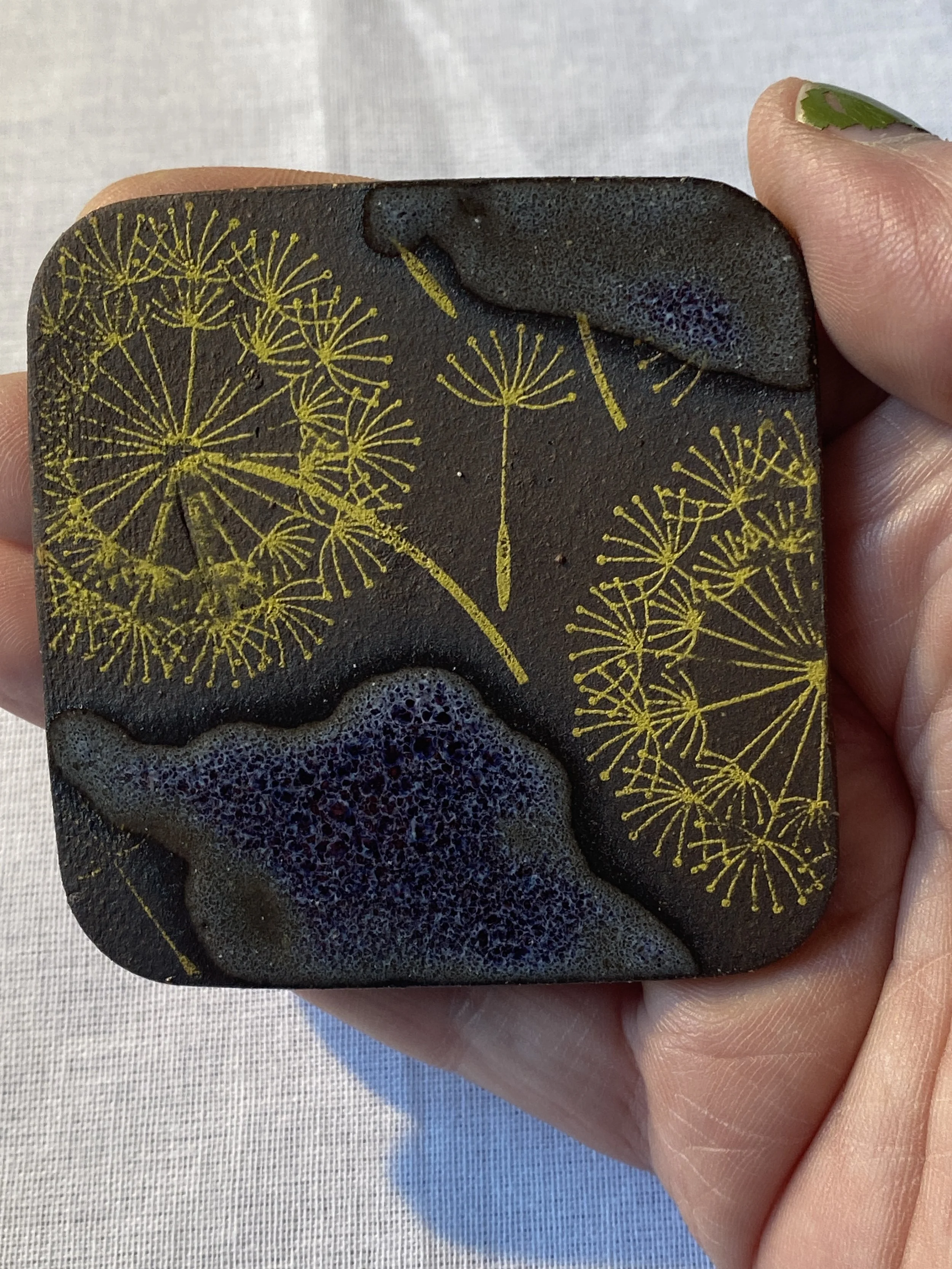ceramic dandelion brooch dandelions dandelion wine yellow and purple and flora and fauna