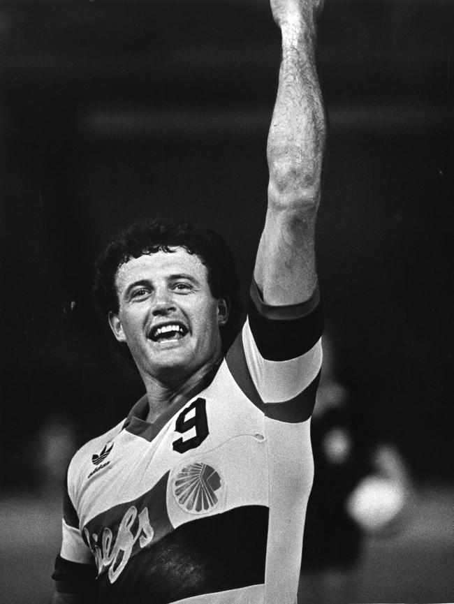 The Atlanta Chiefs Paul Child scores his 100th career goal and celebrates in 1981 Louie Favorite  AJC.JPG