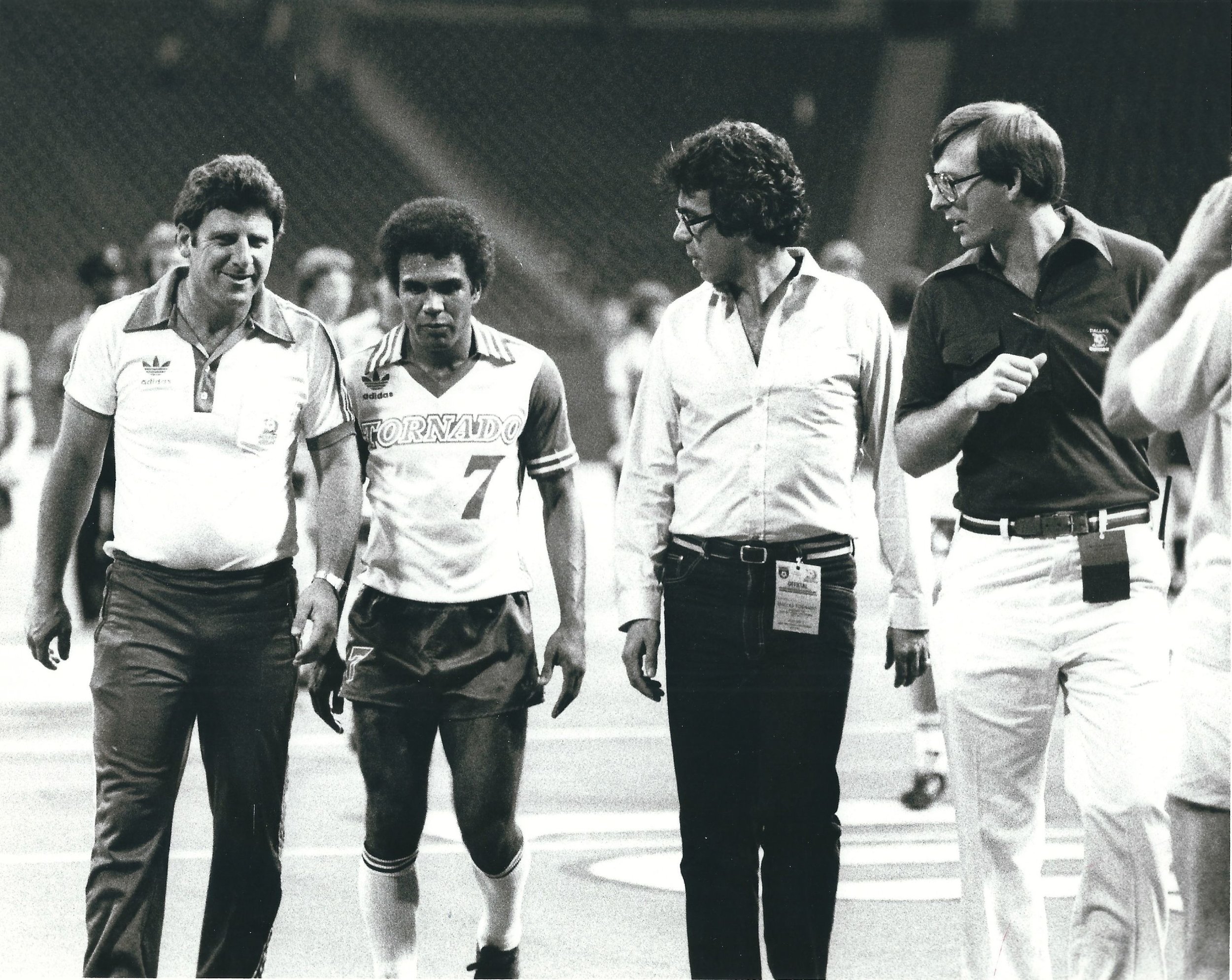 Post Game 1980 NASL Texas Stadium LtoR Coach Al Miller; Zequinha; Player Personnel Francisco Marcos, PR Director Thom Meredith.jpg