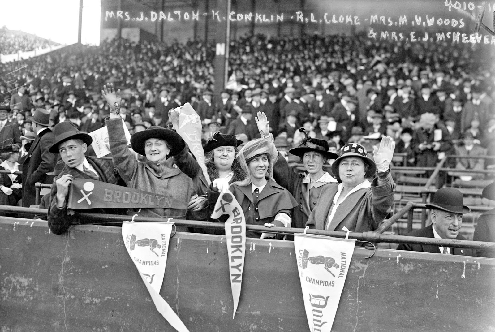 Brooklyn baseball fans at the 1916 World Series seated with Jennie Veronica Murphy McKeever, wife of one of the Brooklyn team's owners.jpg