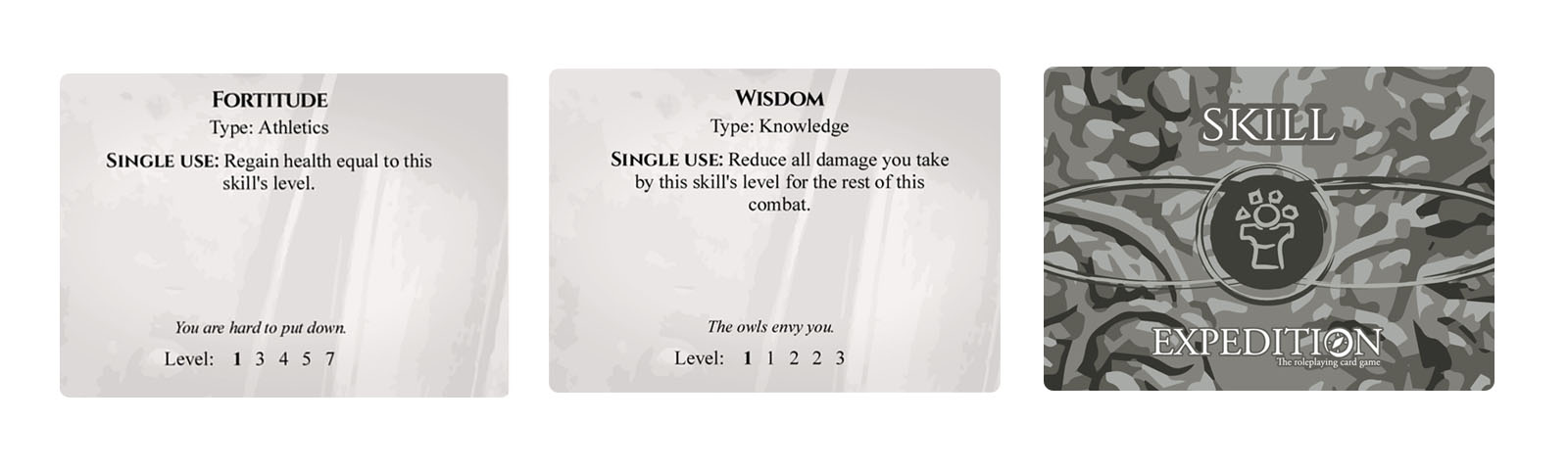 Skills allow for a new layer for roleplaying and combat! When you level up, you can choose to draft a card or level up a Skill, which helps you do better at checks both in combat and in the story. It also becomes a powerful, single-use ability that scales with the level of the card!