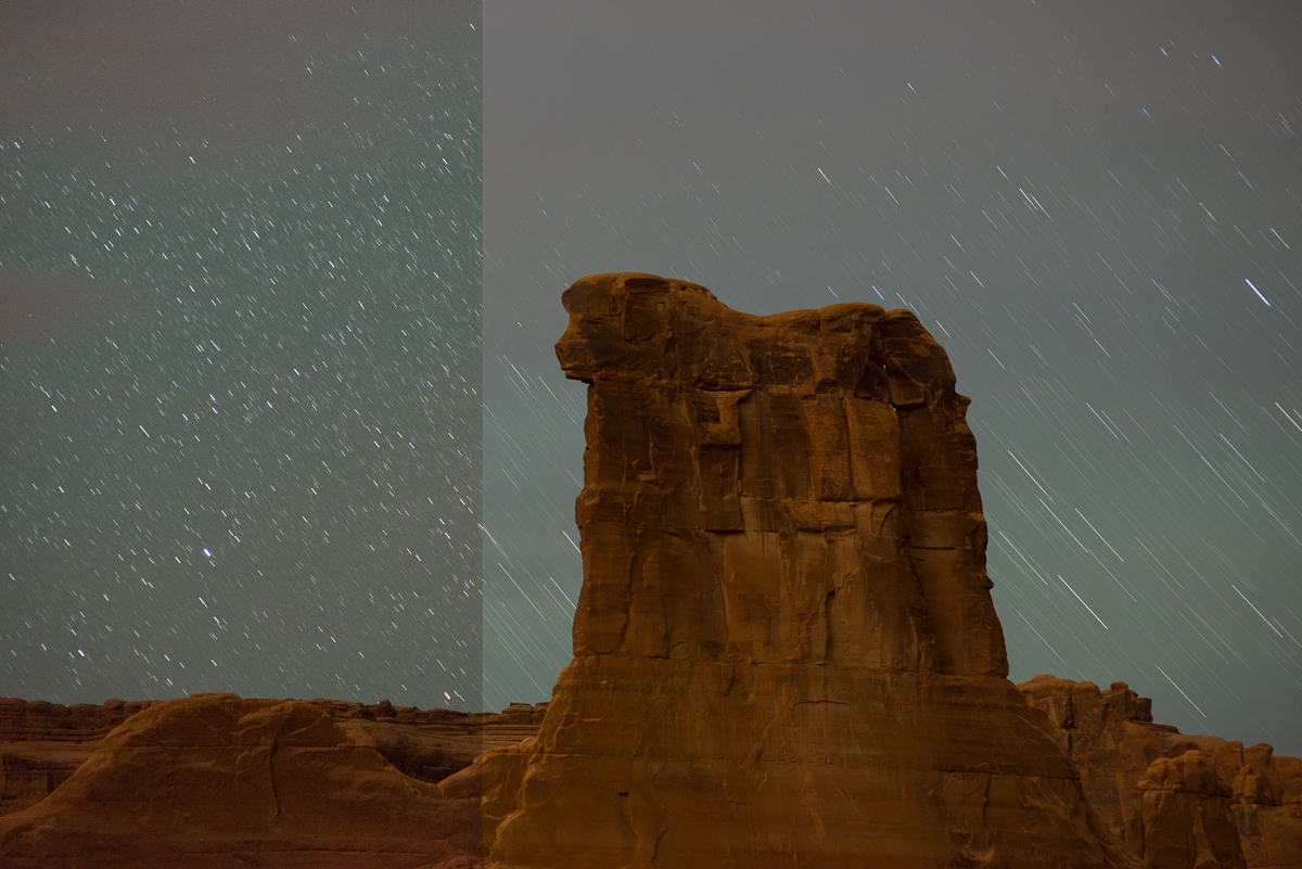 ISO 6400, f/2.8 for 30 seconds on the left and ISO 800, f/2.8 for 6 minutes on the right. Captured at Sheep Rock in Arches National Park, Utah.