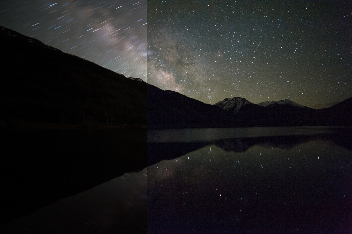 ISO 800, f/2.8 for 8 minutes on the left and ISO 6400, f/2.8 for 15 seconds on the right. Captured at Crystal Lake on Red Mountain Pass near Ouray, Colorado.