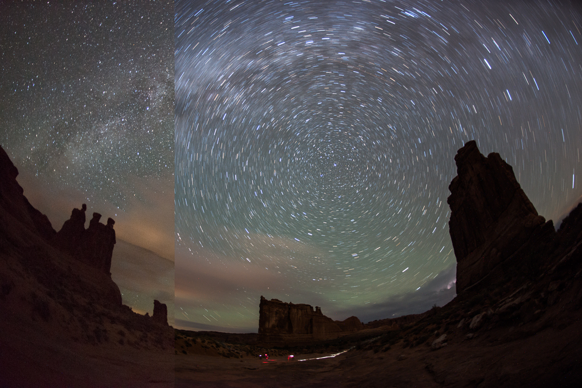 ISO 6400, f/2.8 for 30 seconds on the left and ISO 800, f/2.8 for 12 minutes on the right. Captured at Park Avenue in Arches National Park, Utah.