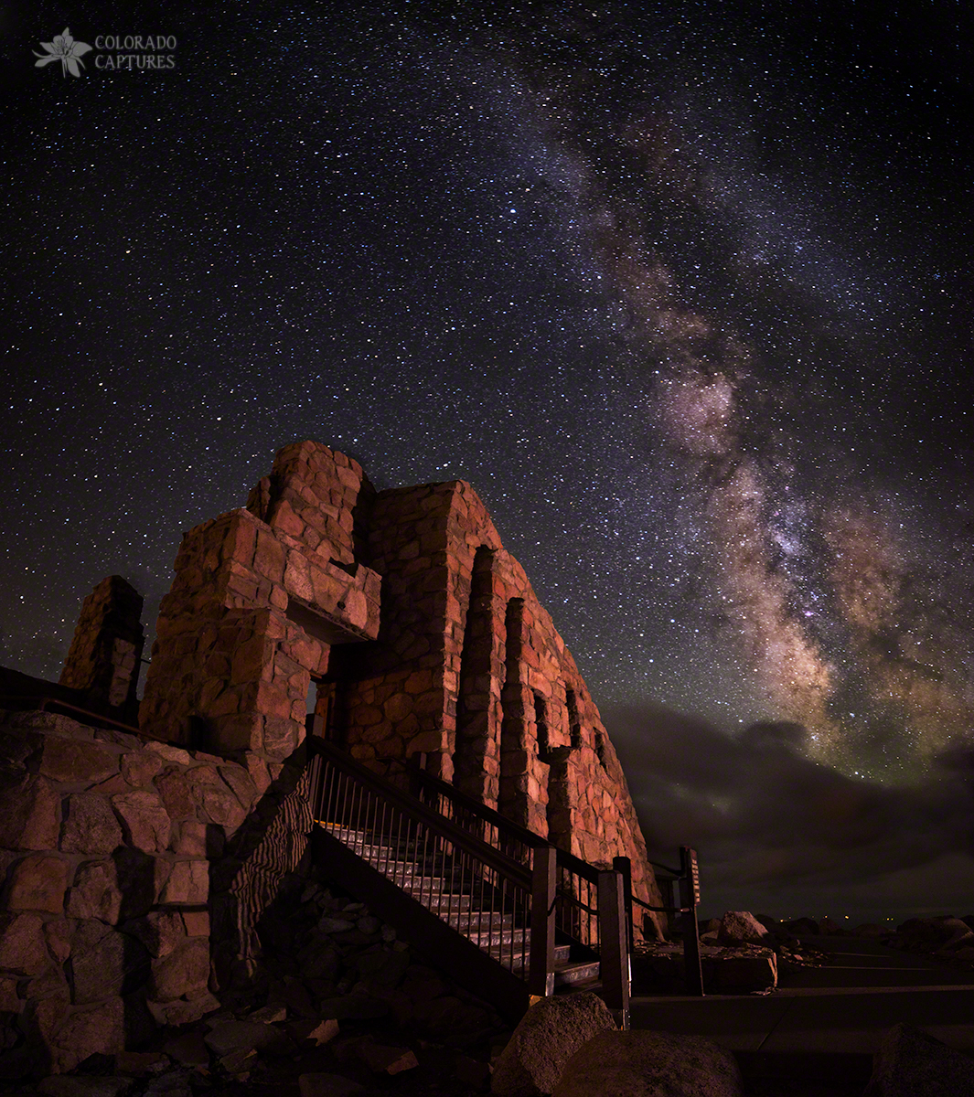 The Milky Way leans over the Crest House ruins on top of Mount Evans in Colorado (elevation 14,000 feet)