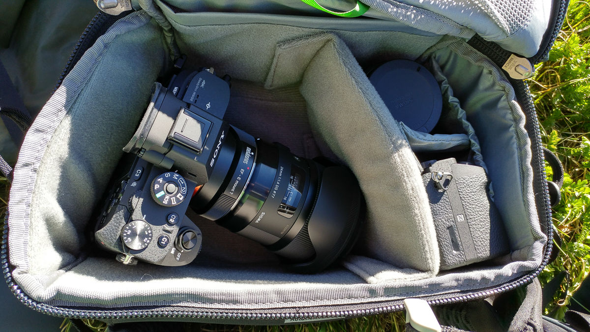 Mike's Sony A7RII with 2 lenses and a second body packed in the belt pack 
