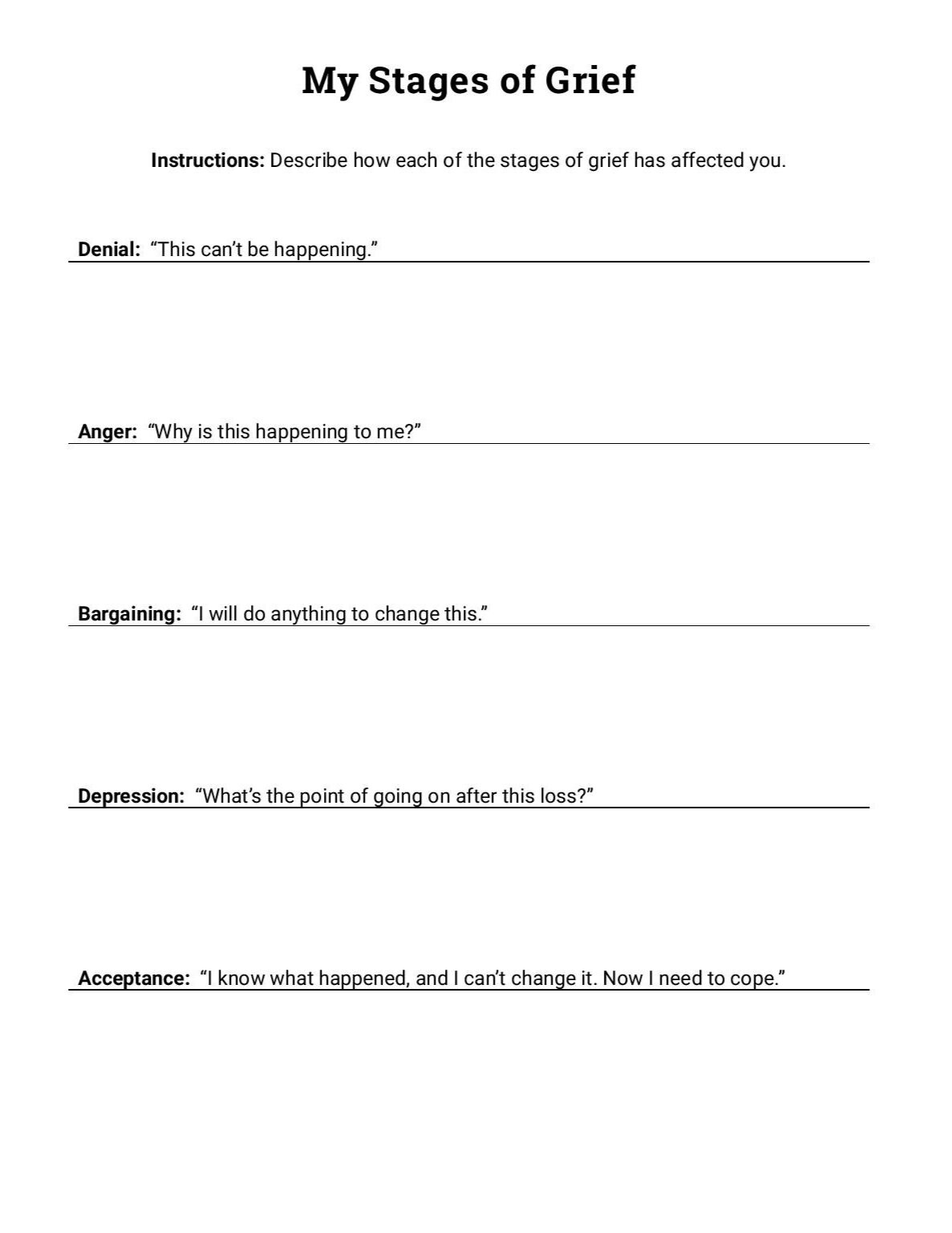 Grief and loss worksheet