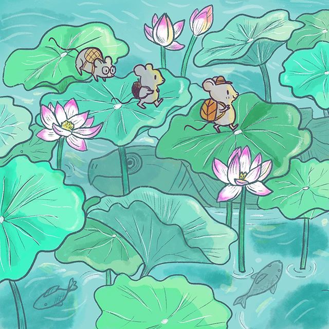 The clever little mice tread lightly over the lily pads on their shortcut to school to avoid waking the hungry snapping turtle. 🐢 #inktoberday20 #inktober2019 #procreate #ipadart #childrensillustration