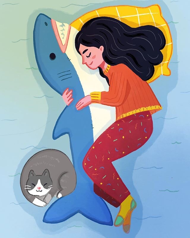 I&rsquo;ve just been falling in and out of naps this winter break, slowly chipping away at a decade&rsquo;s worth of sleep debt. Featuring my sister&rsquo;s large stuffed shark which is very cozy. #naptime #editorialillustration #swimwithsharks #proc