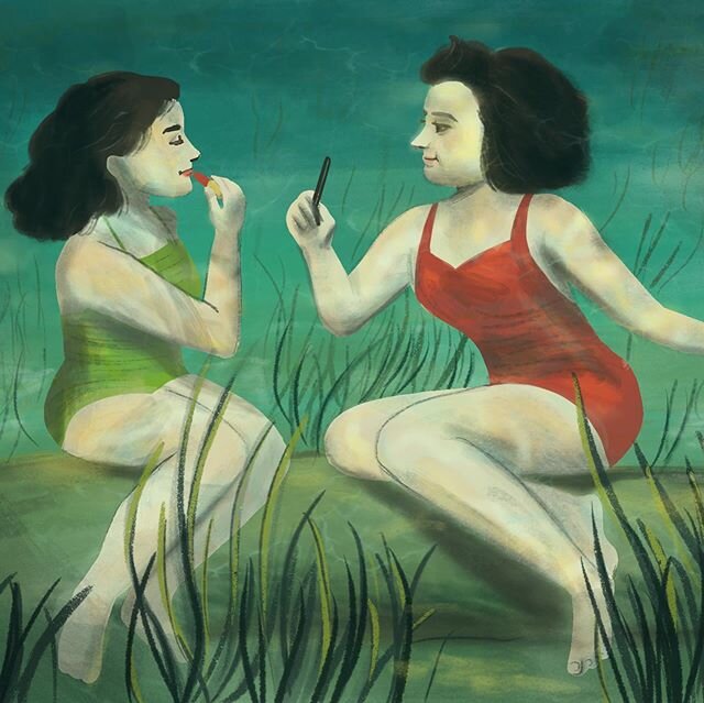 More composition practice from a page out of a National Geographic photo book - caption for the photo: &ldquo;A pair of performers put on lipstick underwater at Wakulla Springs near Tallahassee, Florida. J. Baylor Roberts, 1944&rdquo; #procreate #vin