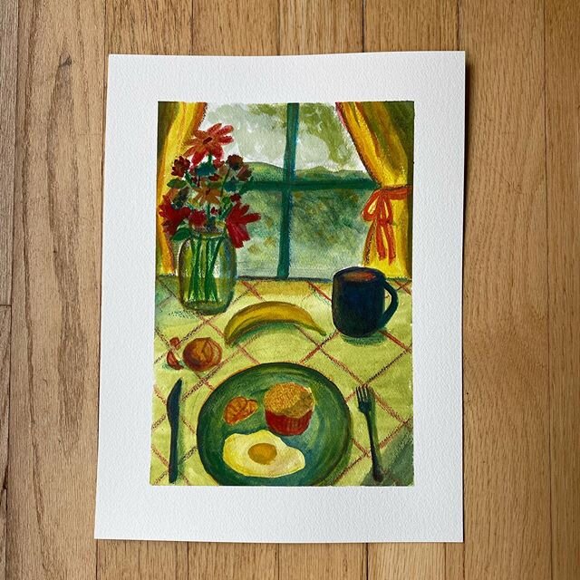 I&rsquo;m grateful for simple rituals like breakfast - warm coffee and something delicious my cousin baked. Also taking time to practice gouache after abandoning it for a year.