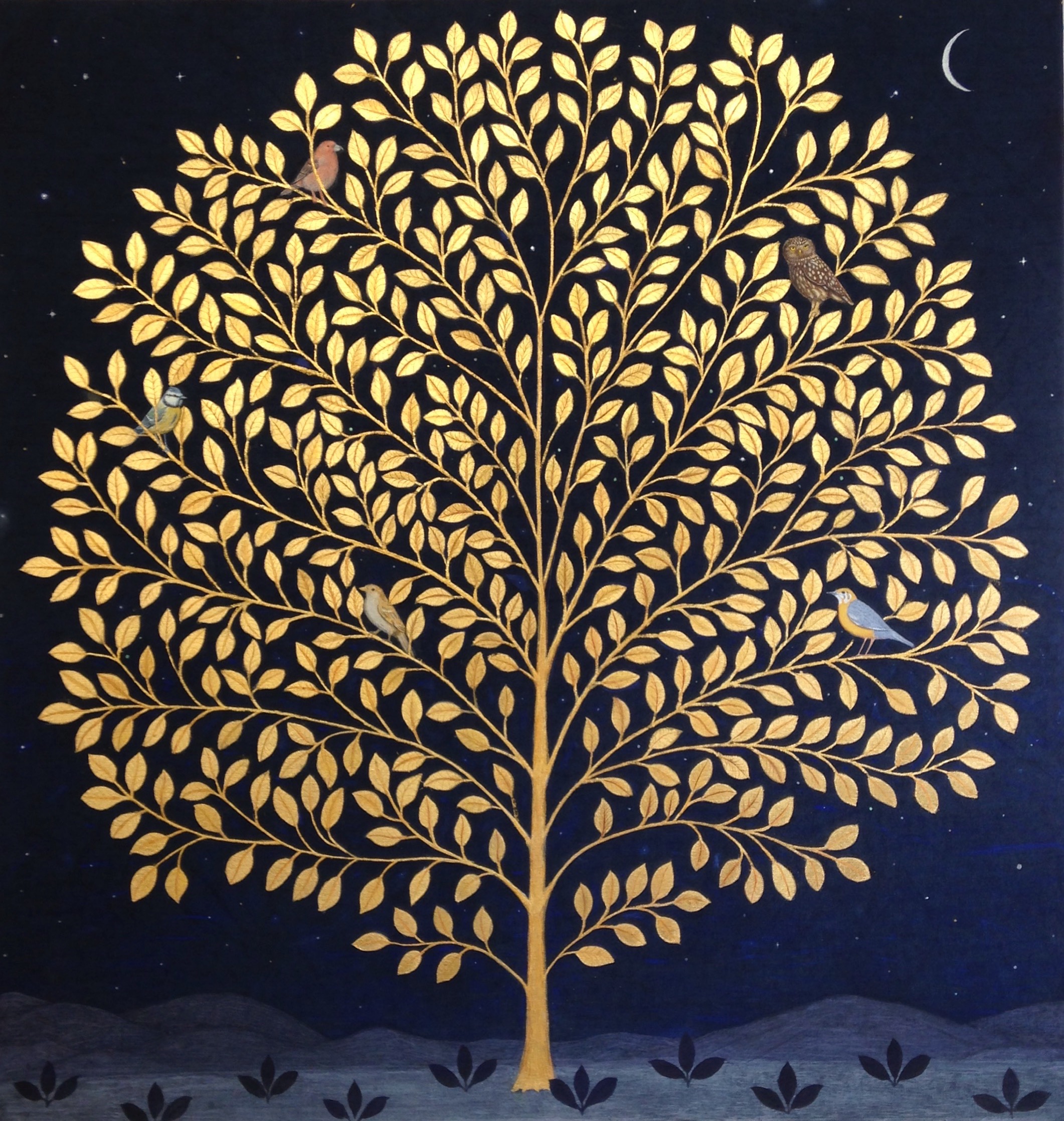 The Night Tree Gold leaf on Indigo dyed Linen 48 x46inches
