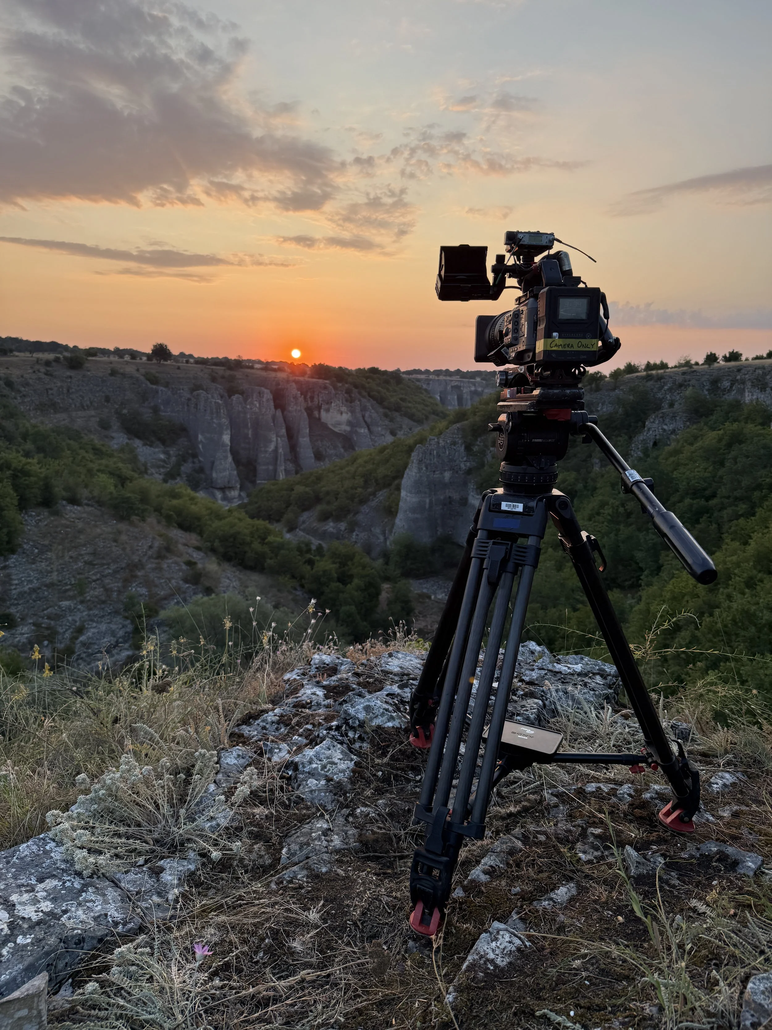 Sony FX6 camera filming sunrise over a canyon in Bulgaria during production of Naked and Afraid for Discovery Channel.