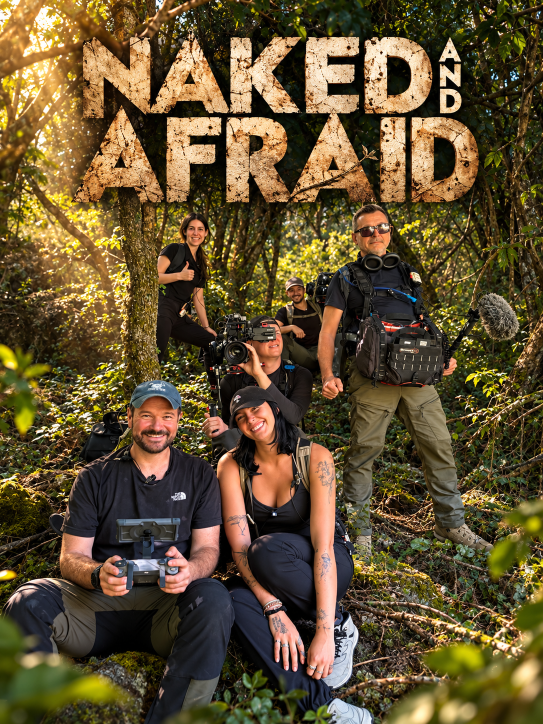 Kirk Watson with the camera and sound crew filming Naked and Afraid in the Bulgarian wilderness for Discovery Channel.