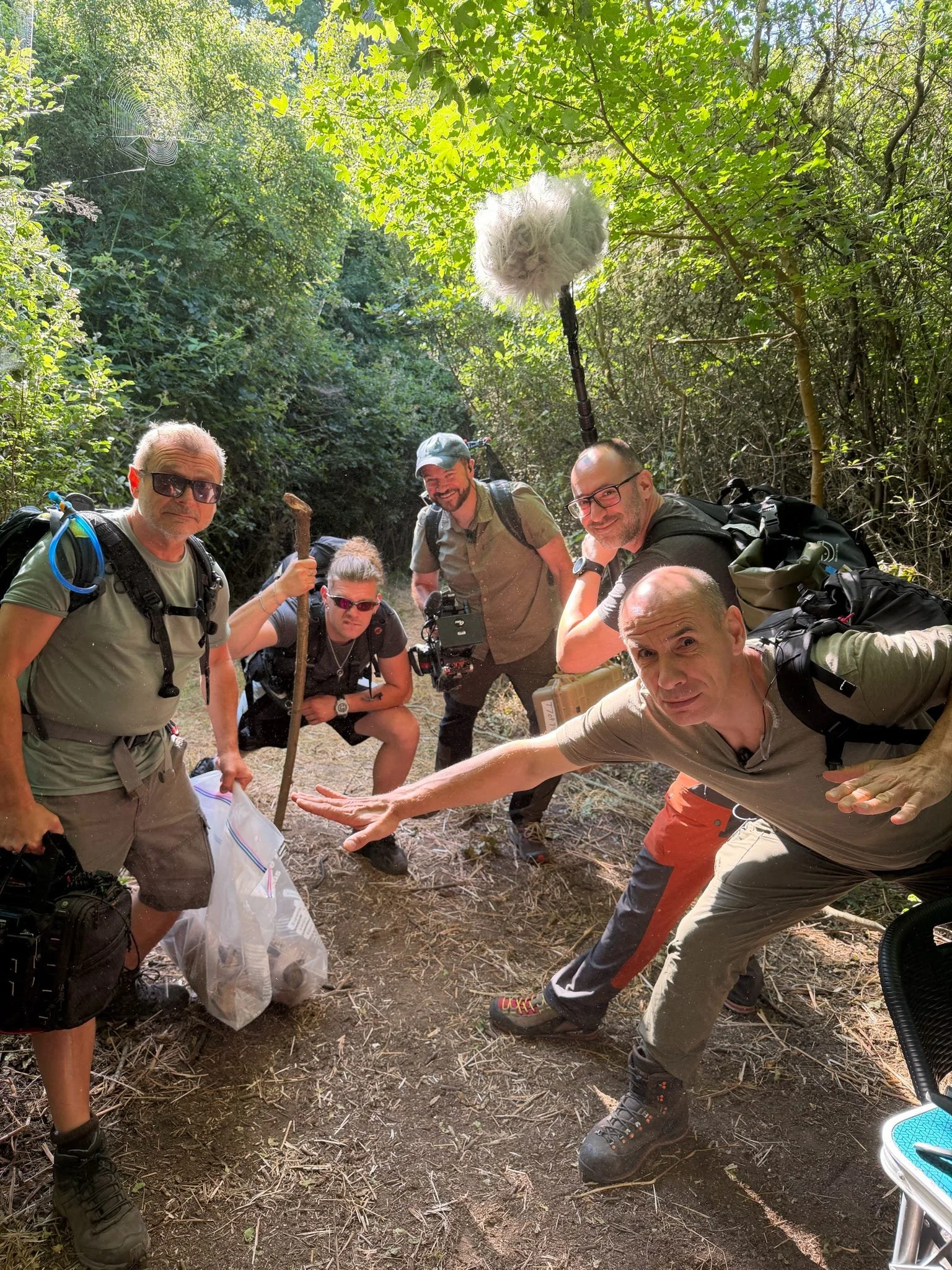 Stephen, Alex, Kirk Watson, Nikki and Momchil carrying filming equipment through the Bulgarian forest during production of Naked and Afraid for Discovery Channel.