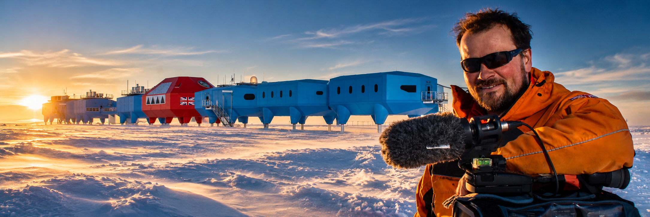 Kirk Watson filming at Halley VI Research Station in Antarctica while working as a camera operator and documentary filmmaker