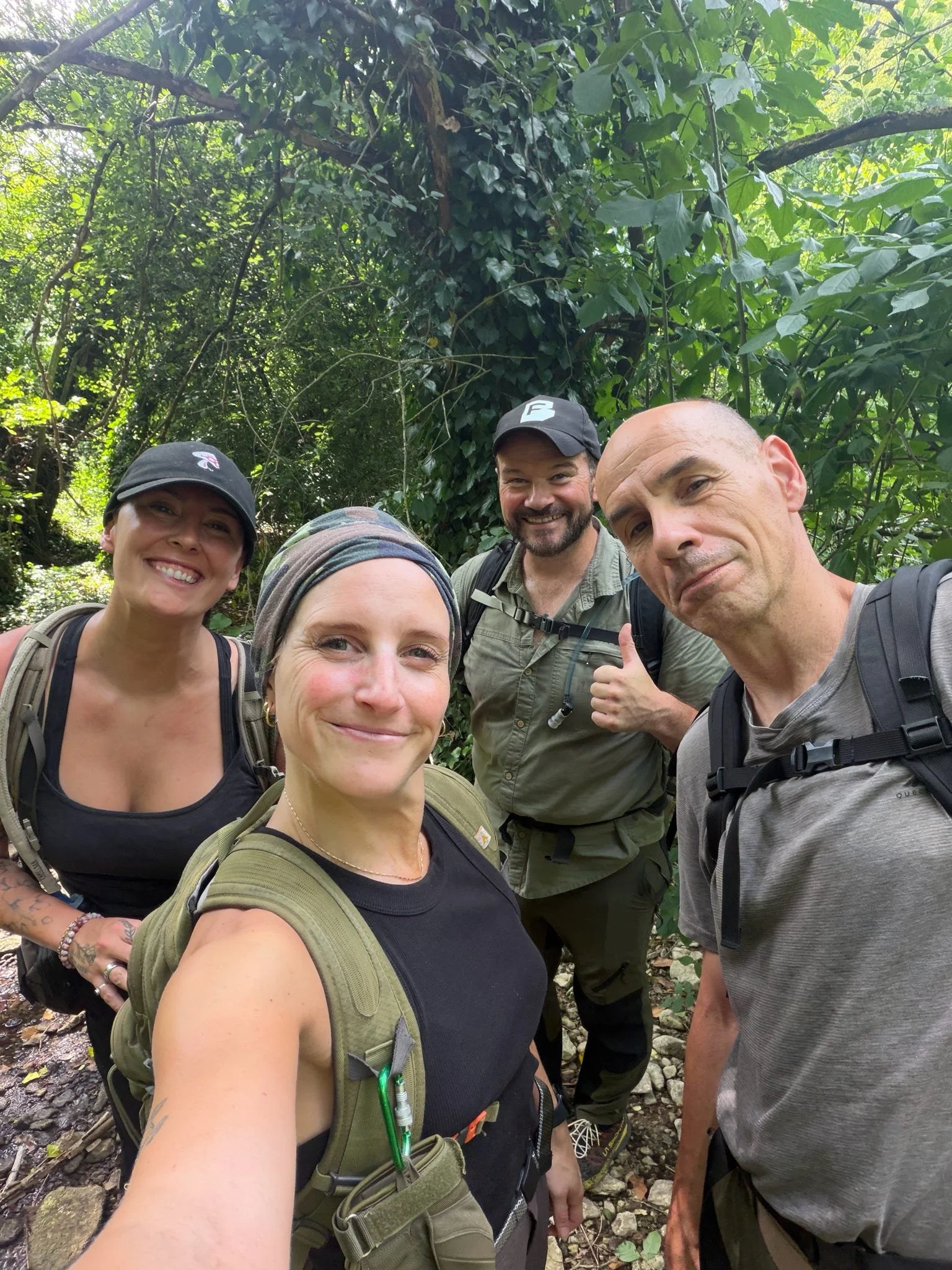 Behind-the-scenes selfie of production manager Liz, producer Hayley, camera operator Kirk Watson and survival expert Momchil during filming of Naked and Afraid in Bulgaria.
