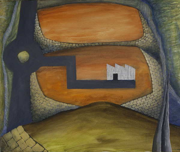 Orange landscape and white shed </br>2012 oil on canvas </br>50x60cm