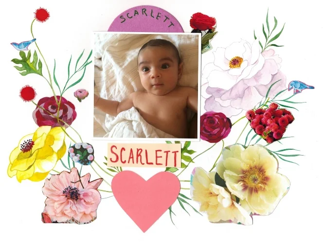 Handmade collage by Heather for Scarlett's birth announcement