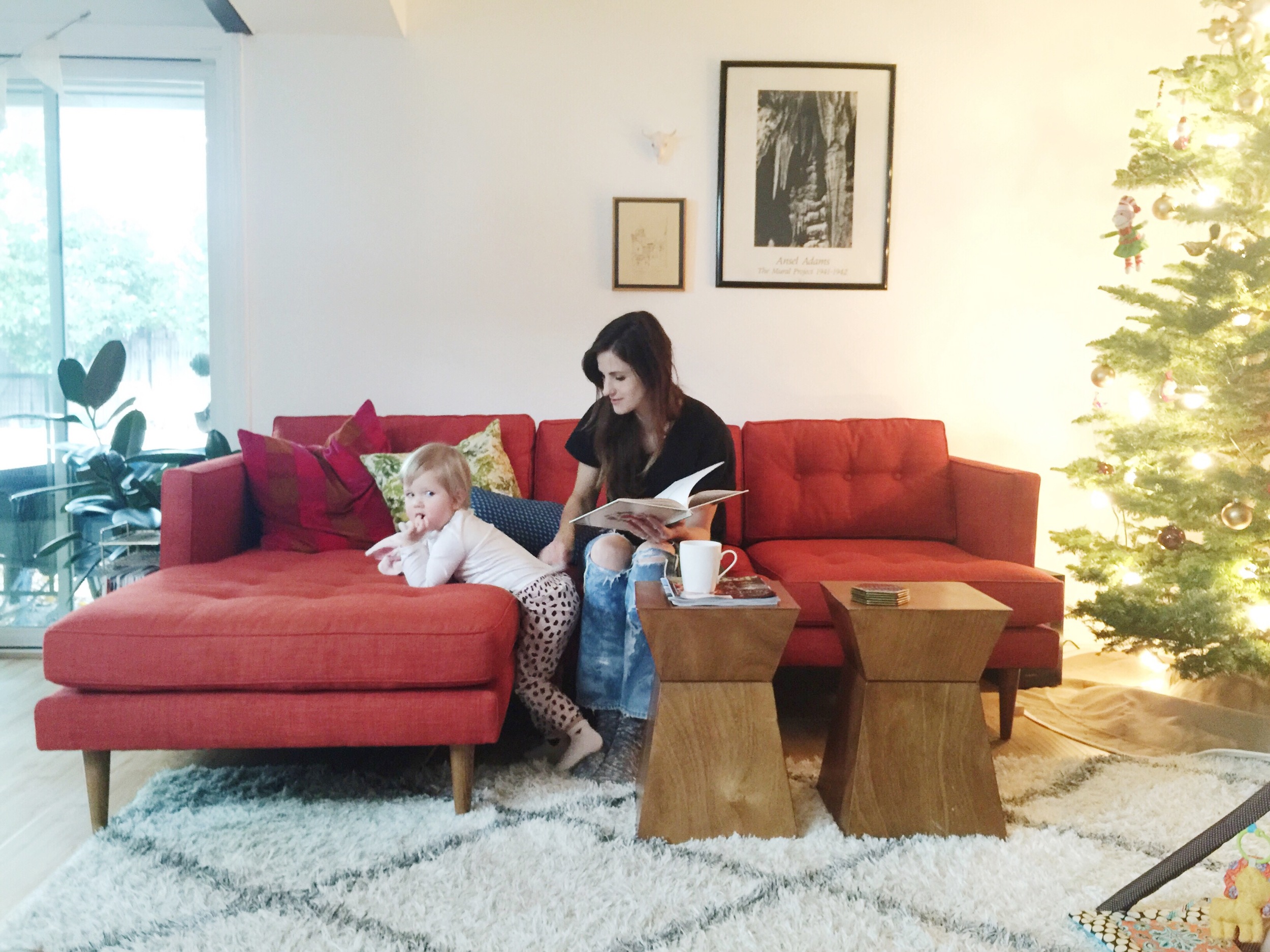  Simple warmth in a crimson baseless sofa, a geometric coffee table pair in wood by the tree.&nbsp; 