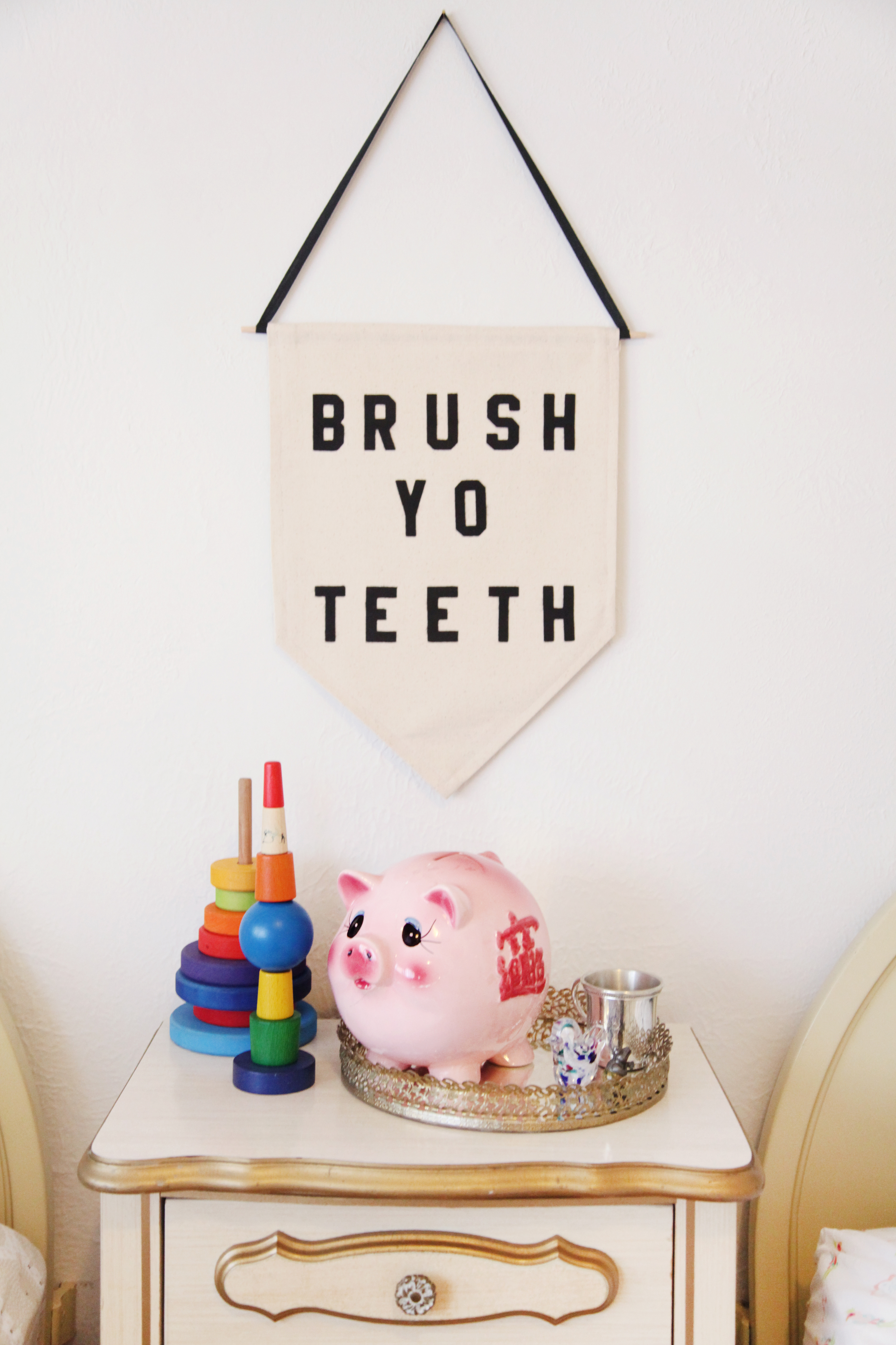  BRUSH YO TEETH wall hanging made by a Brooklyn friend,&nbsp;  Rayo &amp; Honey .  