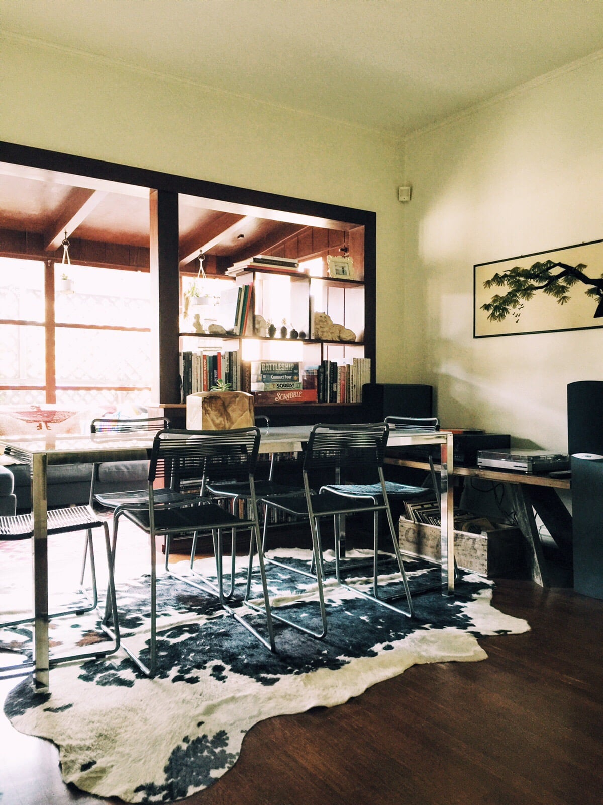  Thrifted cowhide rug and a porch-side view. 