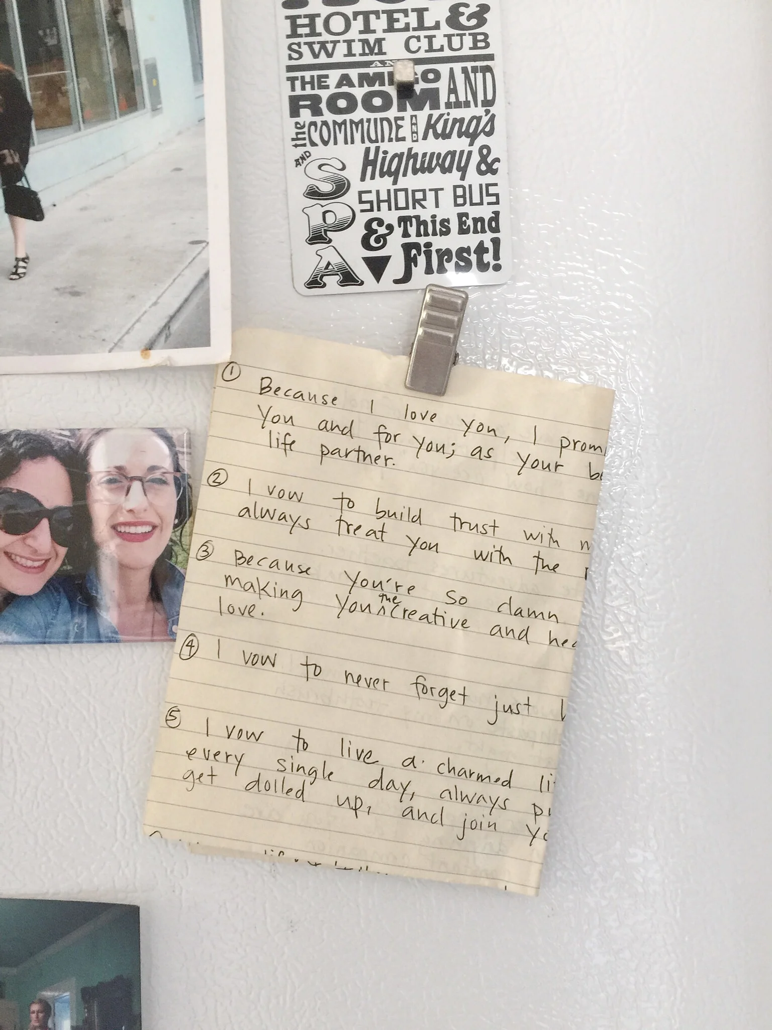 Wedding vows clipped on the fridge. 