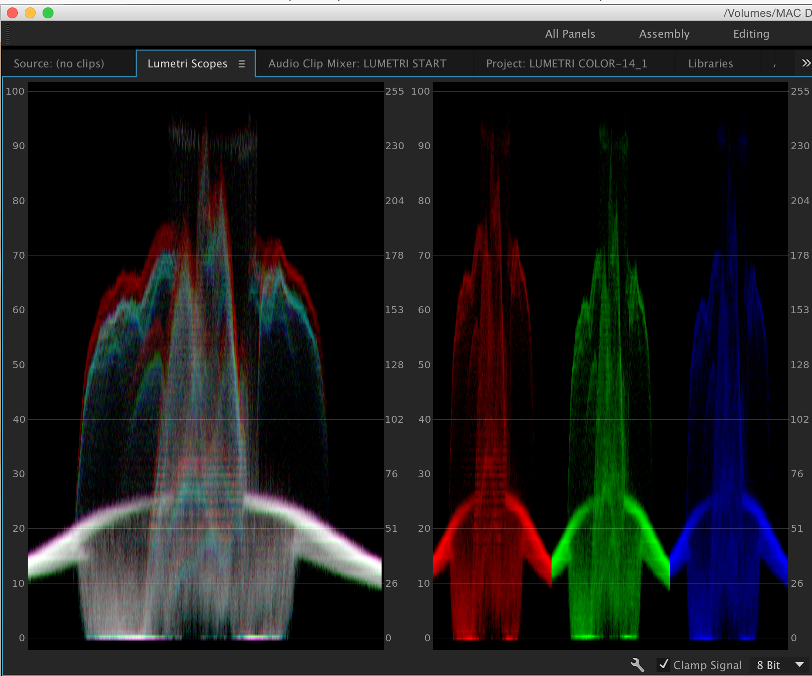 Parade (RGB) scope added by clicking on one of the top scope options.