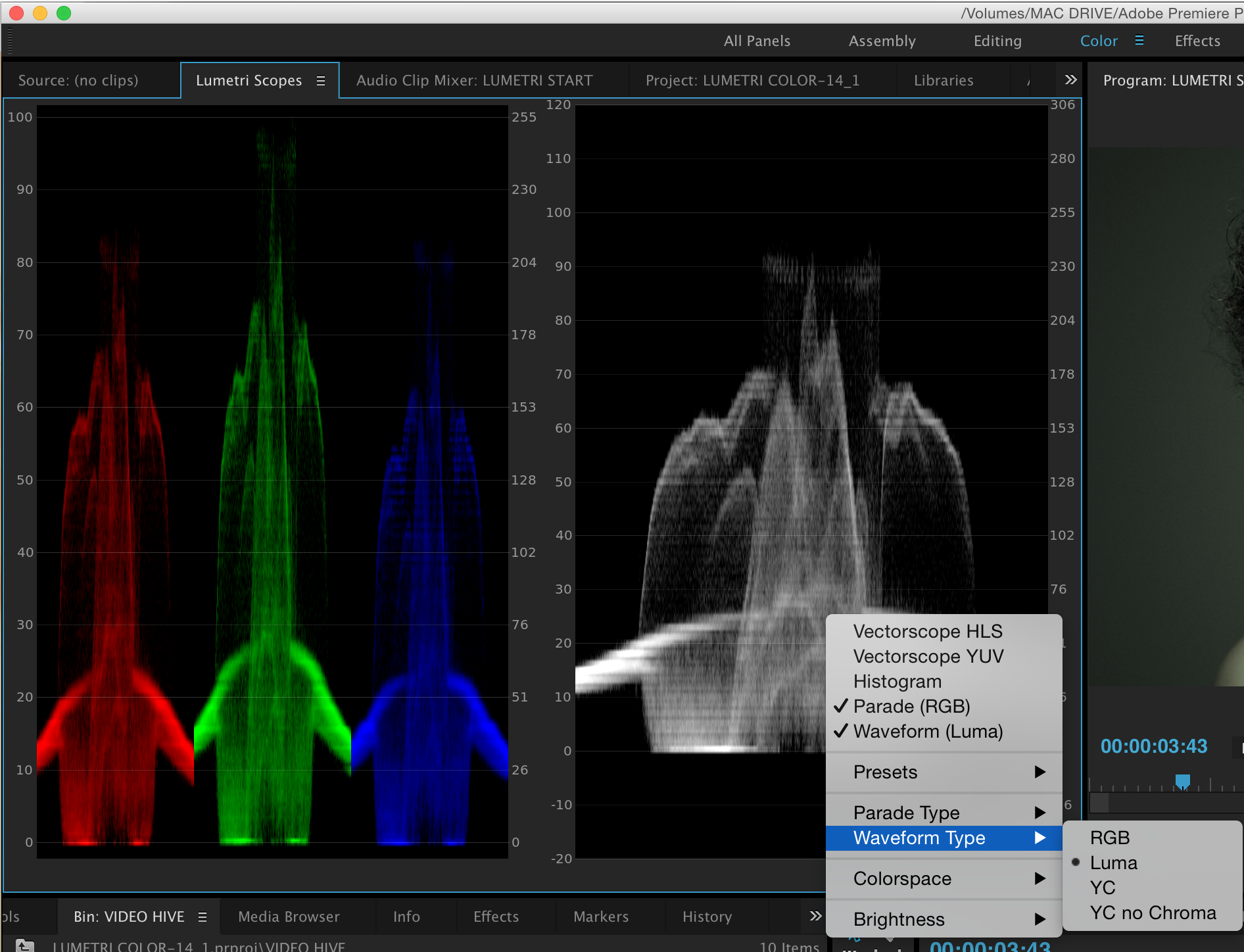 Changing waveform scopes type on right to Luma by ctrl-clicking on scope. 