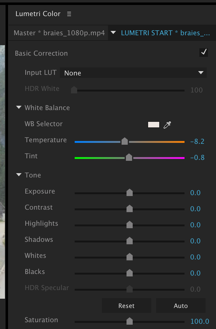 Sliders are changed from default values. Lumetri Effect added to clip playhead is over in the timeline. 