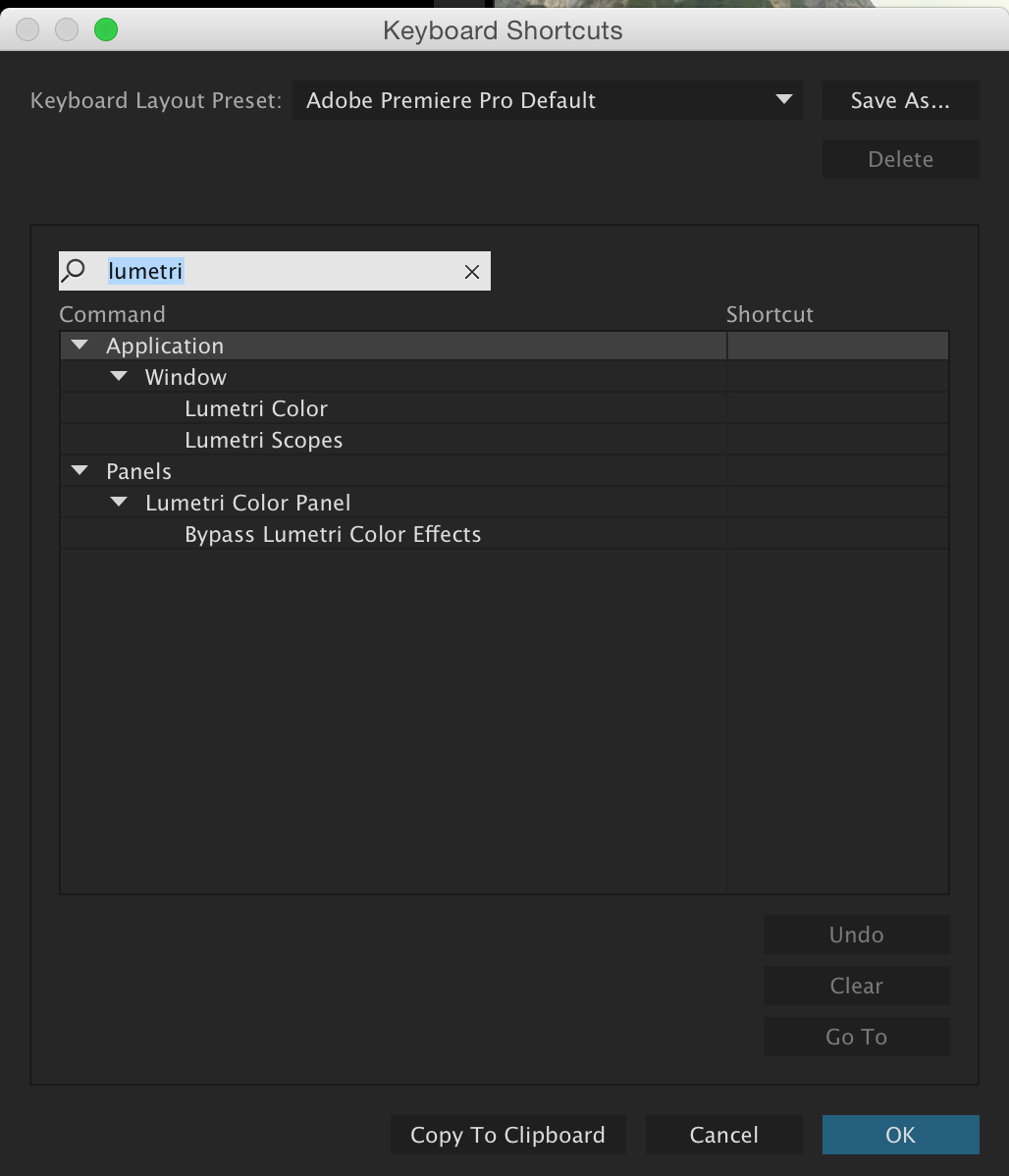 Searching for Lumetri commands not assigned to Keyboard Shortcuts. 