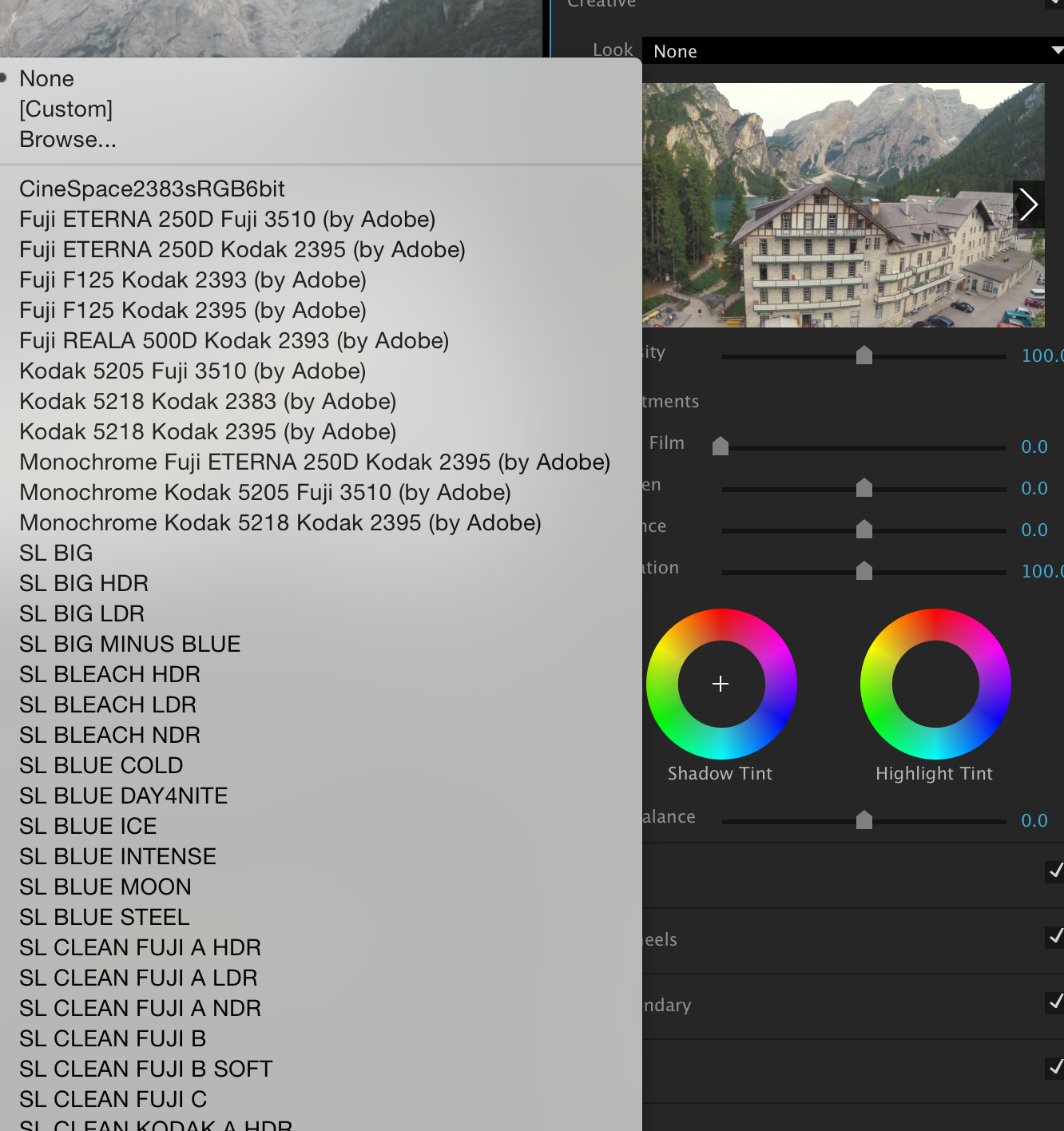 If you apply a look from the drop down list it applies the Lumetri effect to the clip.