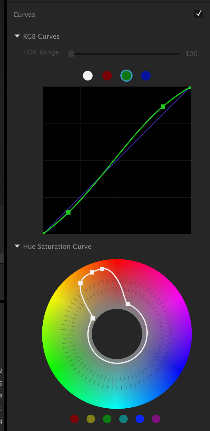 An example where an adjustment has been made to the green curve and the saturation has been increased in yellow, orange and a bit of red but decreased in the rest of the image. 
