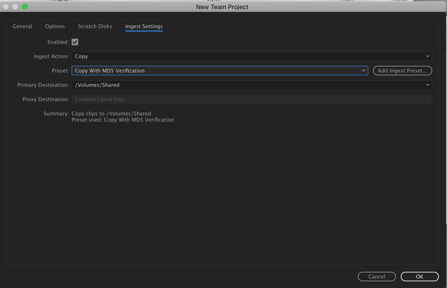 Ingest settings set to copy clips to shared media storage with MD5 verification. 