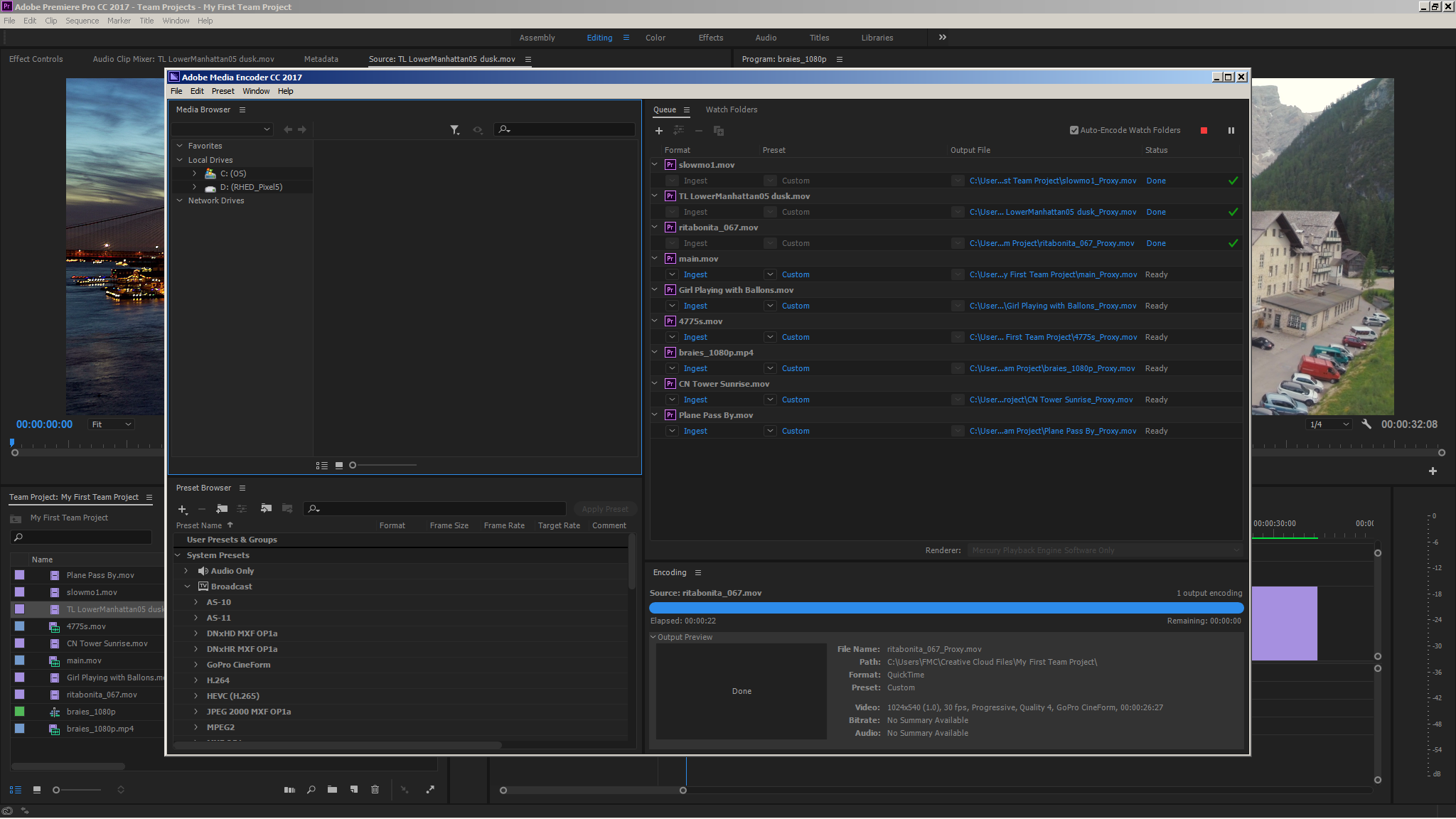 Media Encoder creating proxies in the background based on the current ingest setting for the Team Project. 