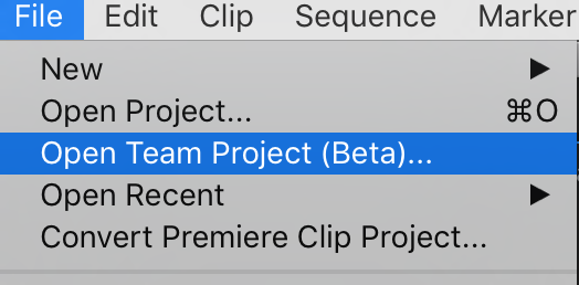 Opening a Team Project from the File menu. 