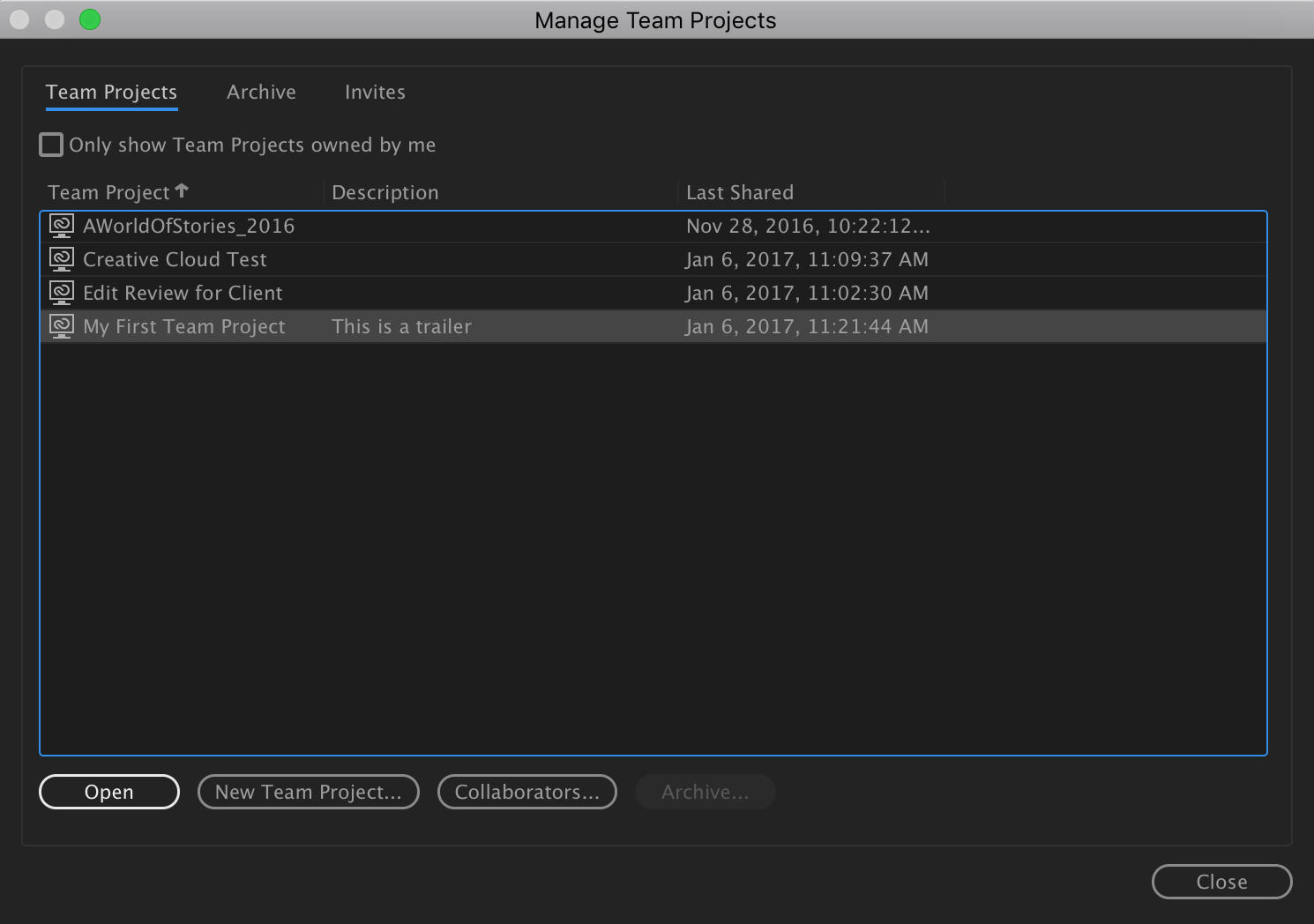 The Manage Team projects dialogue where you can open a Team Project. 