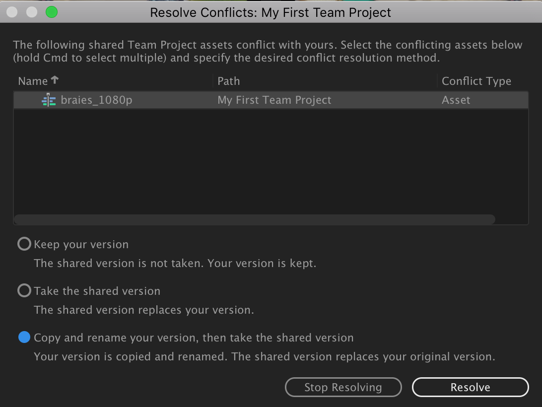 The Resolve Conflicts Dialogue Box. 