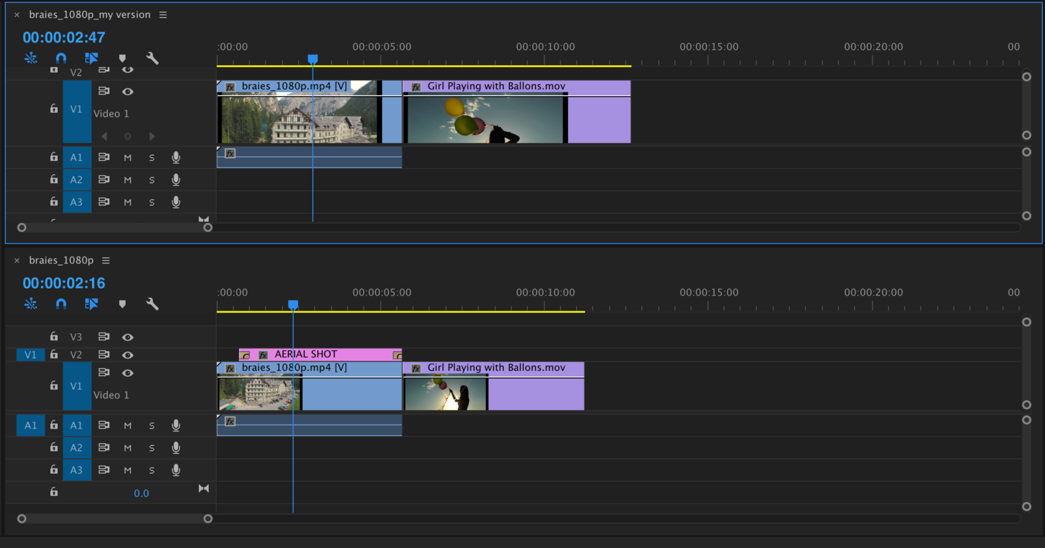 A timeline that compares two sequences after choosing copy and rename your version in the resolve conflicts window. 