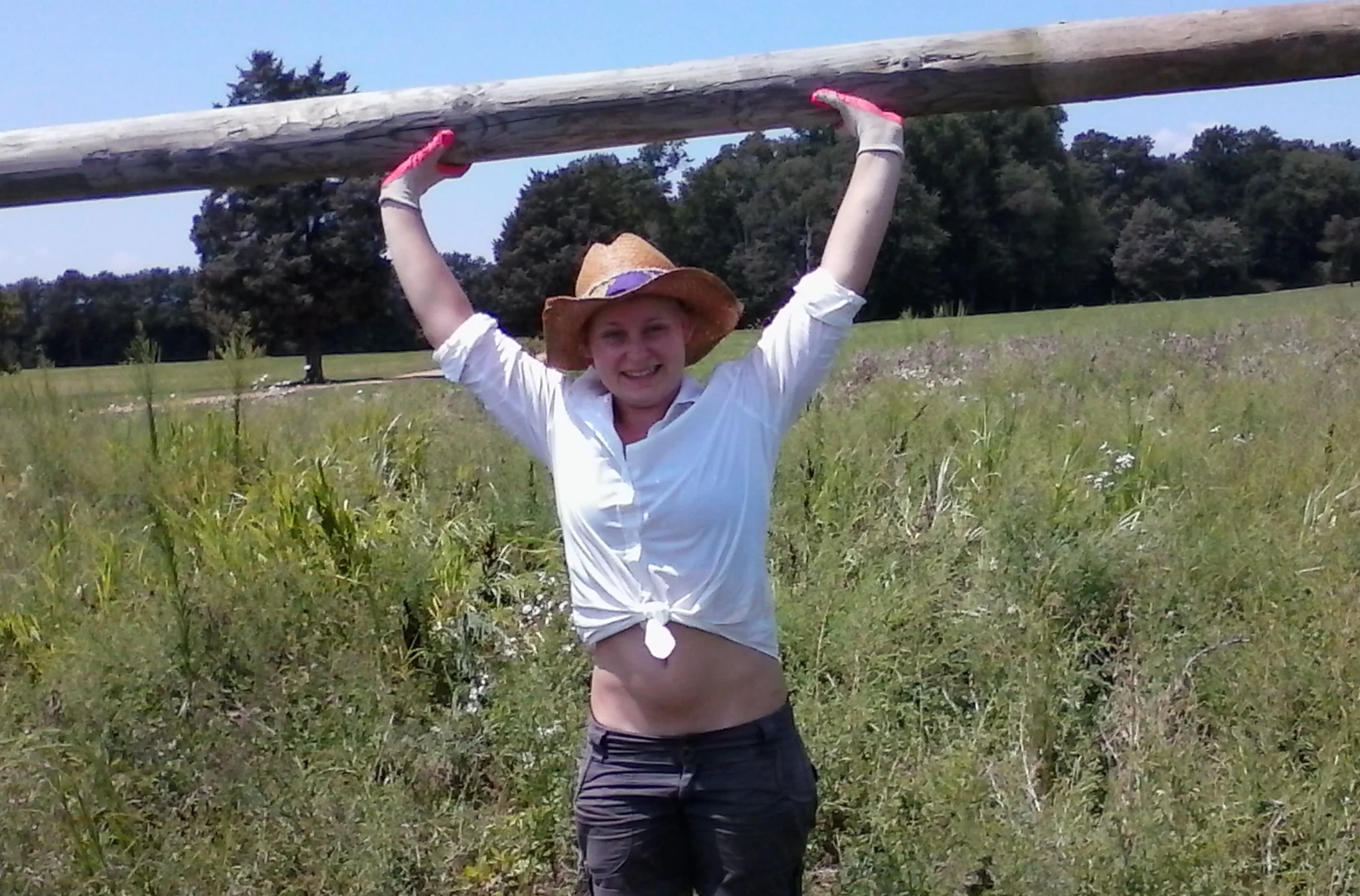 Sabine bench pressing a post --- there's strength!