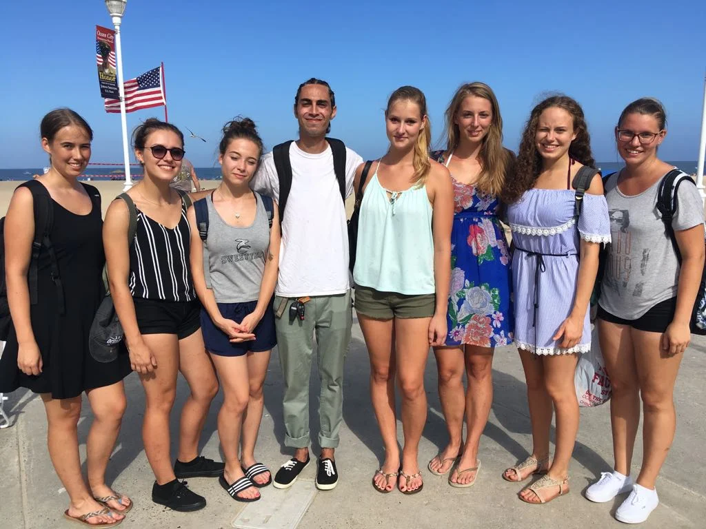 Here we are arriving to great SUN on the boardwalk and it is HOT! That's David in the middle.