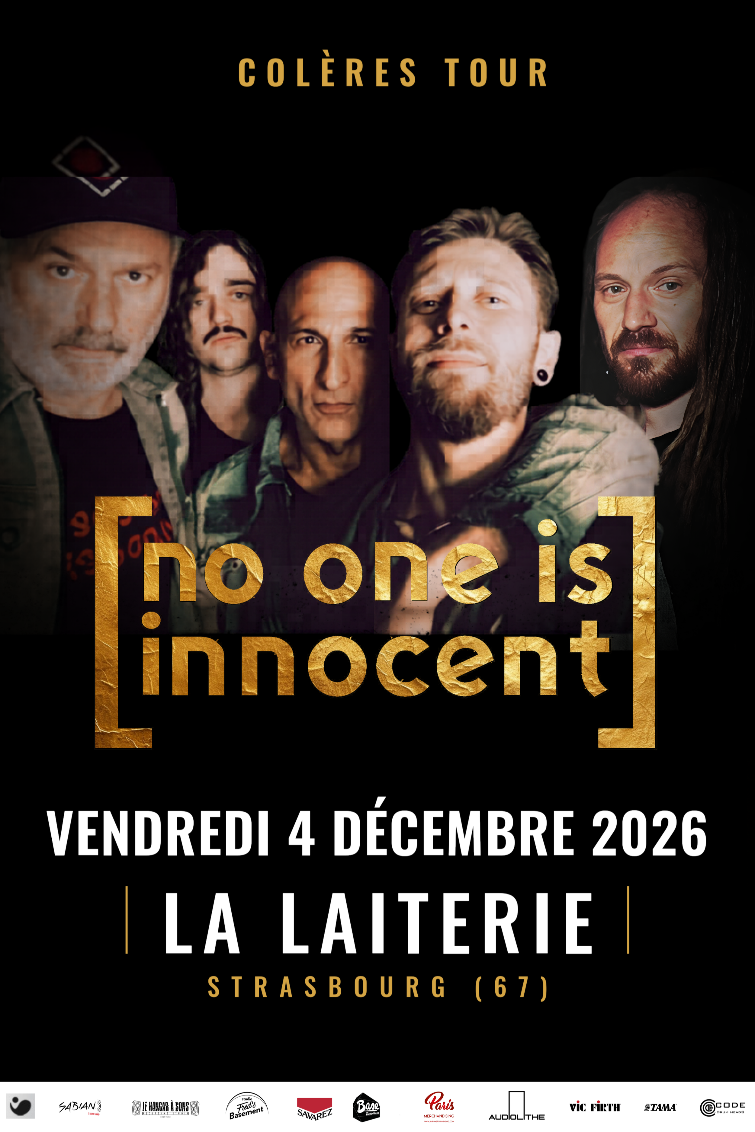 Affiche du concert de rock du groupe Colères Tour à Strasbourg, avec six musiciens, le vendredi 4 décembre 2026 à La Laiterie.