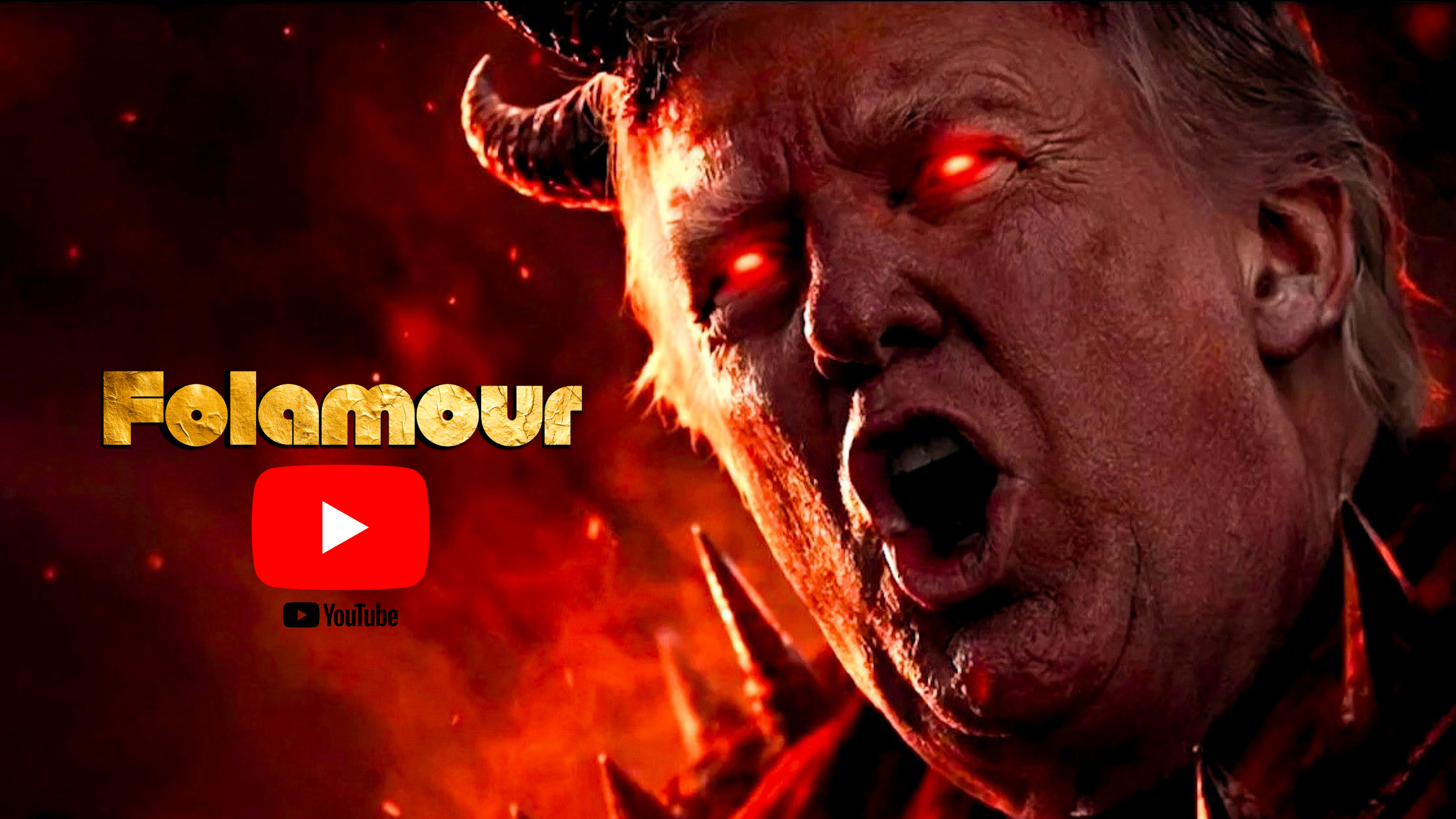 Une image sombre avec un démon ou une créature fantastique avec des yeux brillants et des cornes, accompagnée du texte 'Félamour' en lettres dorées, un logo YouTube rouge et blanc.