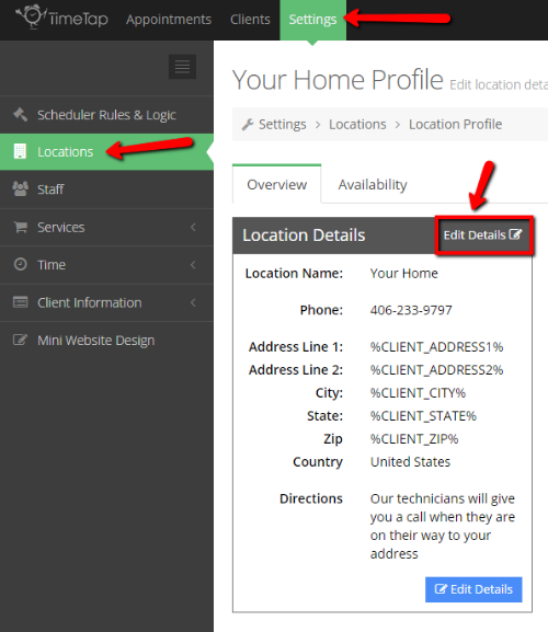 Edit your location's details so that your client's address will show