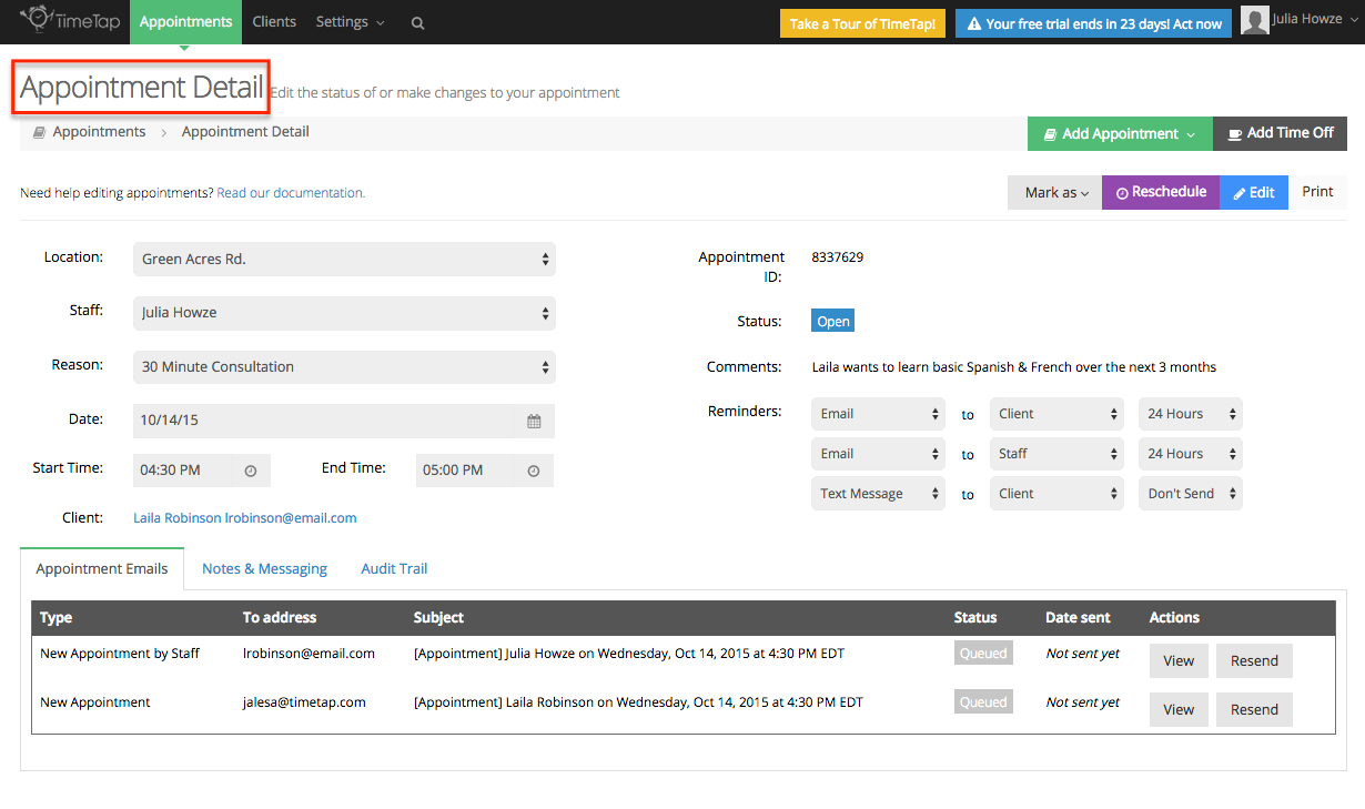 The Appointment Detail page