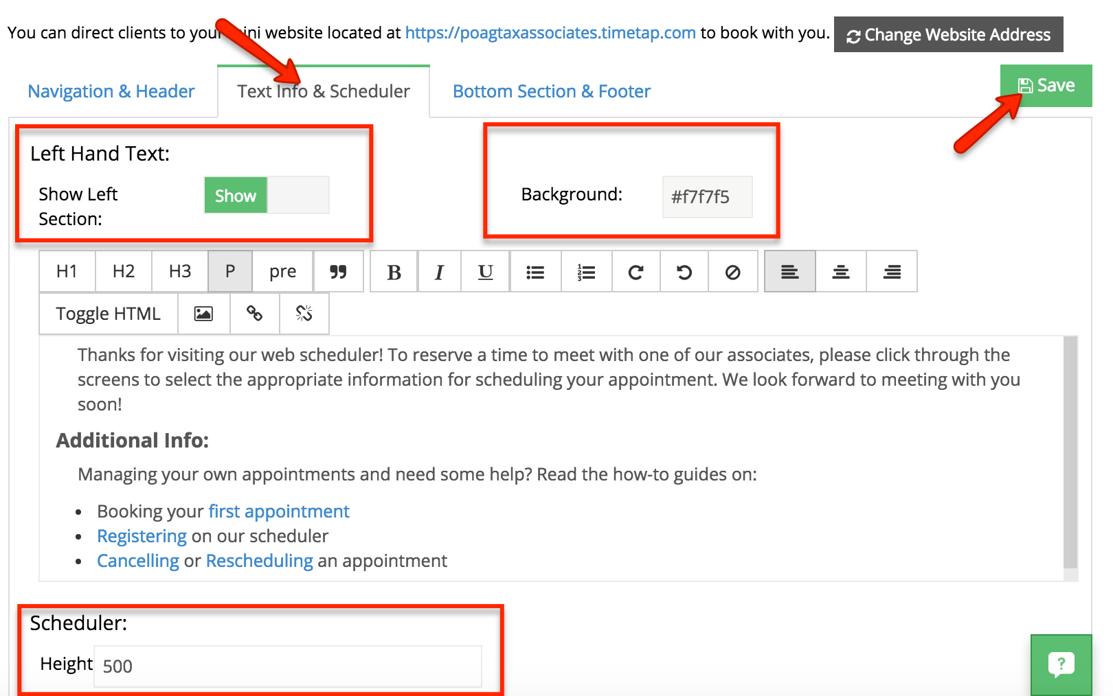 Customize options under the "Text Info & Scheduler" section