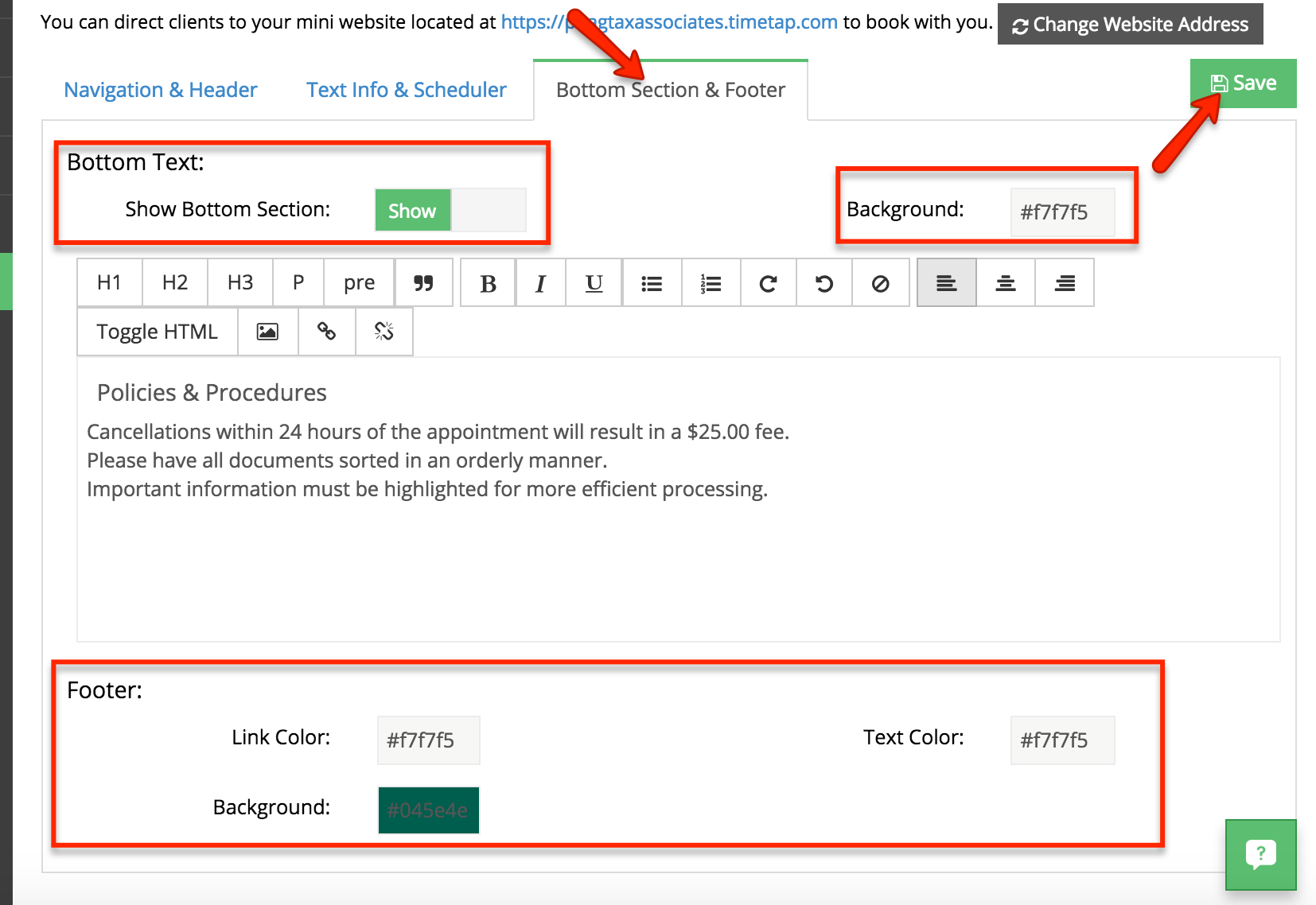 Customize several options for the Bottom Section & Footer of your web scheduler