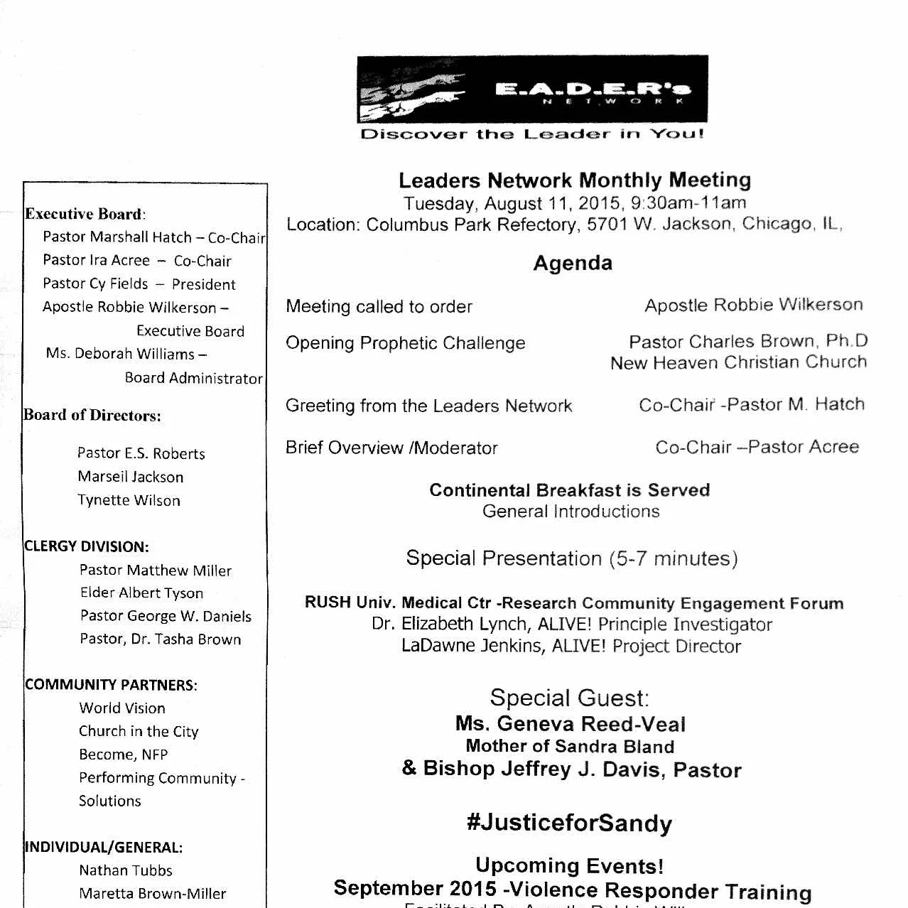 Monthly Meeting Agenda: August 11th, 2015